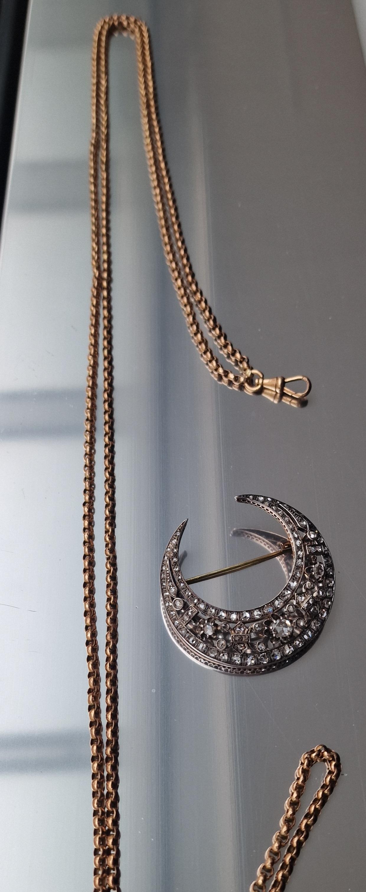 19th Century Antique Crescent Diamond Brooch Pendant Necklace Chain French For Sale 5