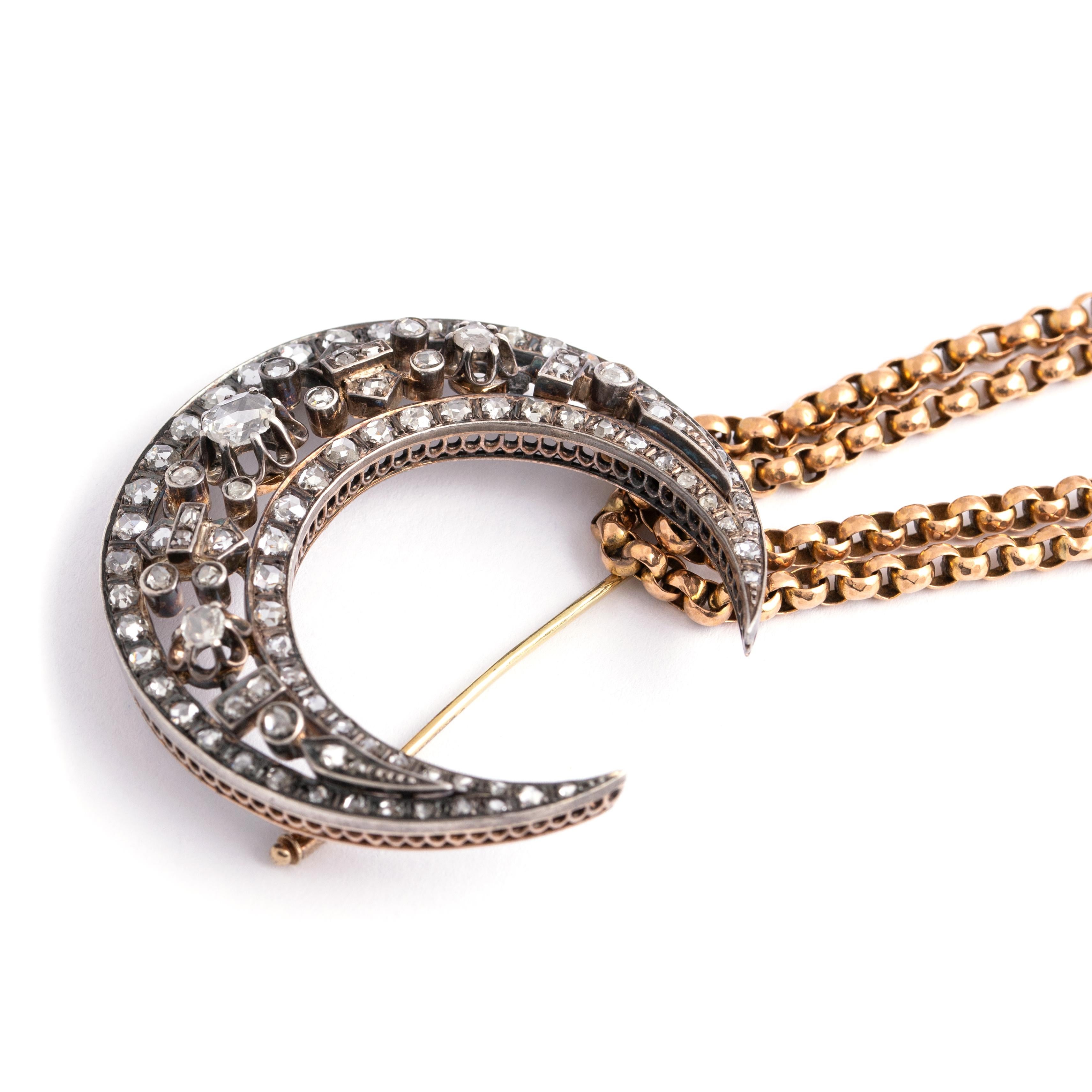 Women's or Men's 19th Century Antique Crescent Diamond Brooch Pendant Necklace Chain French For Sale