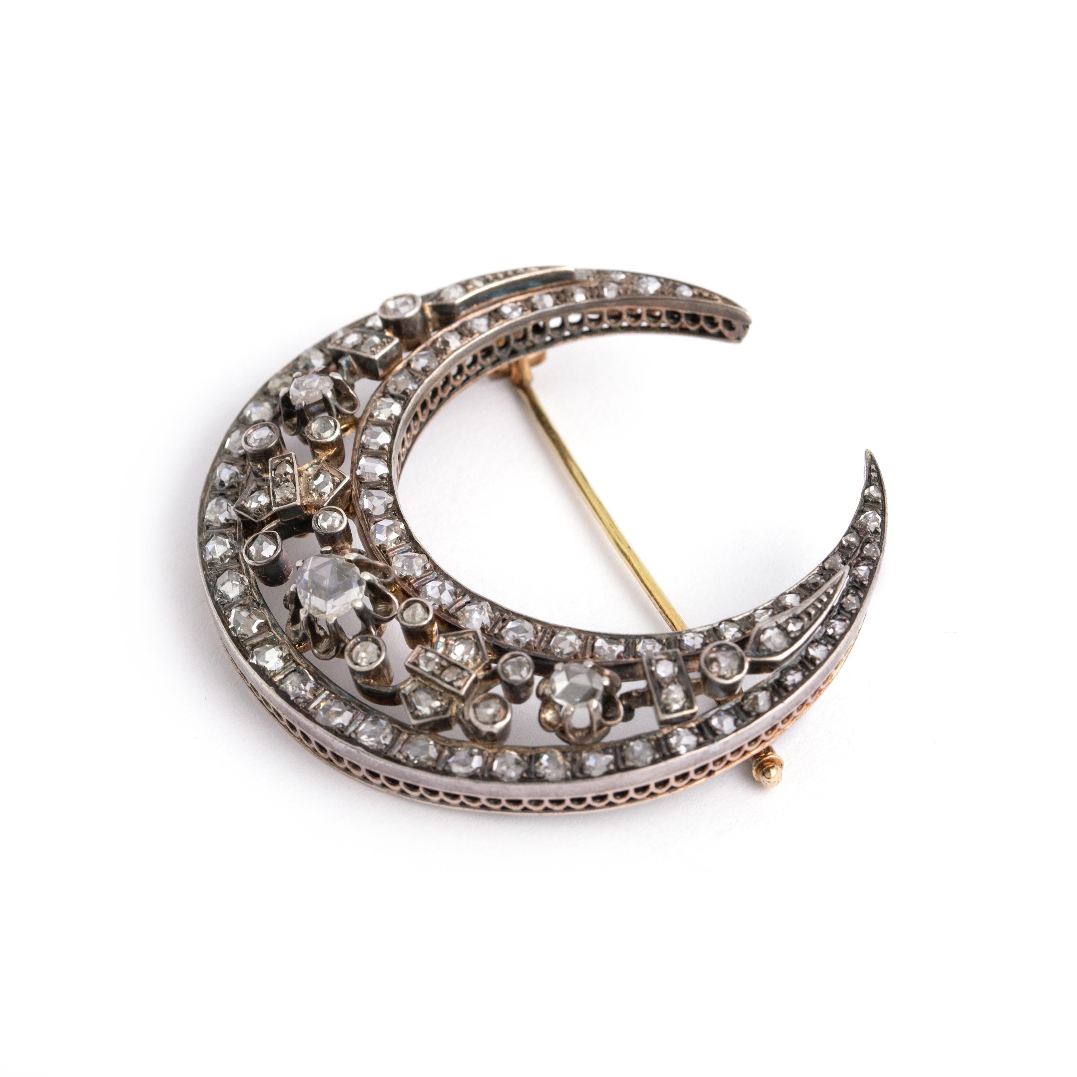 Rose Cut 19th Century Antique Crescent Diamond Brooch Pendant Necklace Chain French For Sale