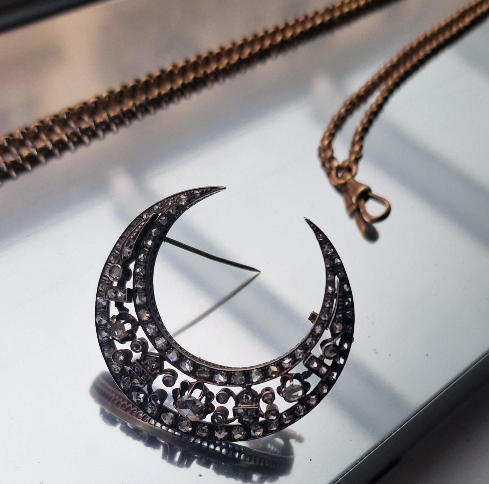 19th Century Antique Crescent Diamond Brooch Pendant Necklace Chain French For Sale 6