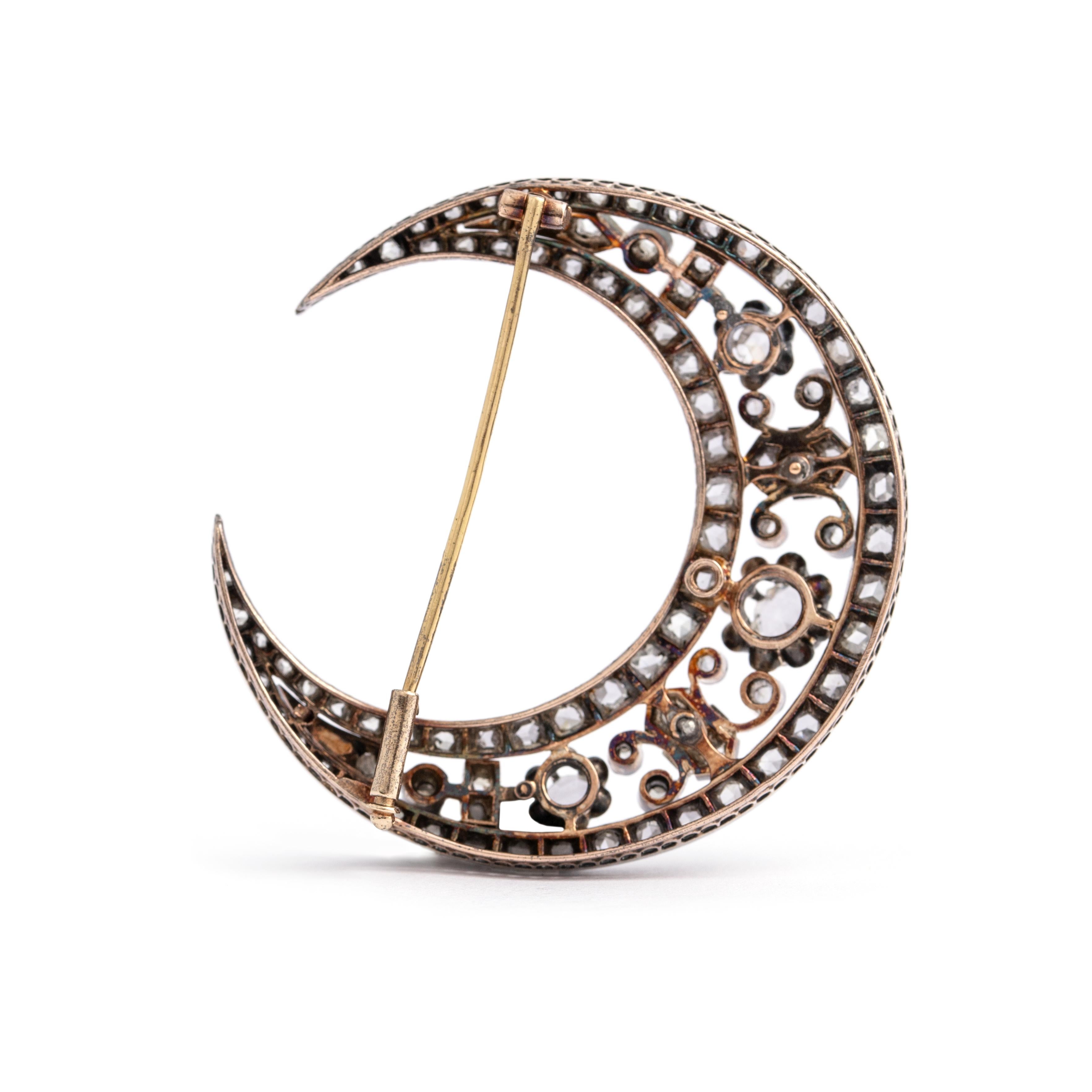 19th Century Antique Crescent Diamond Brooch Pendant Necklace Chain French For Sale 1