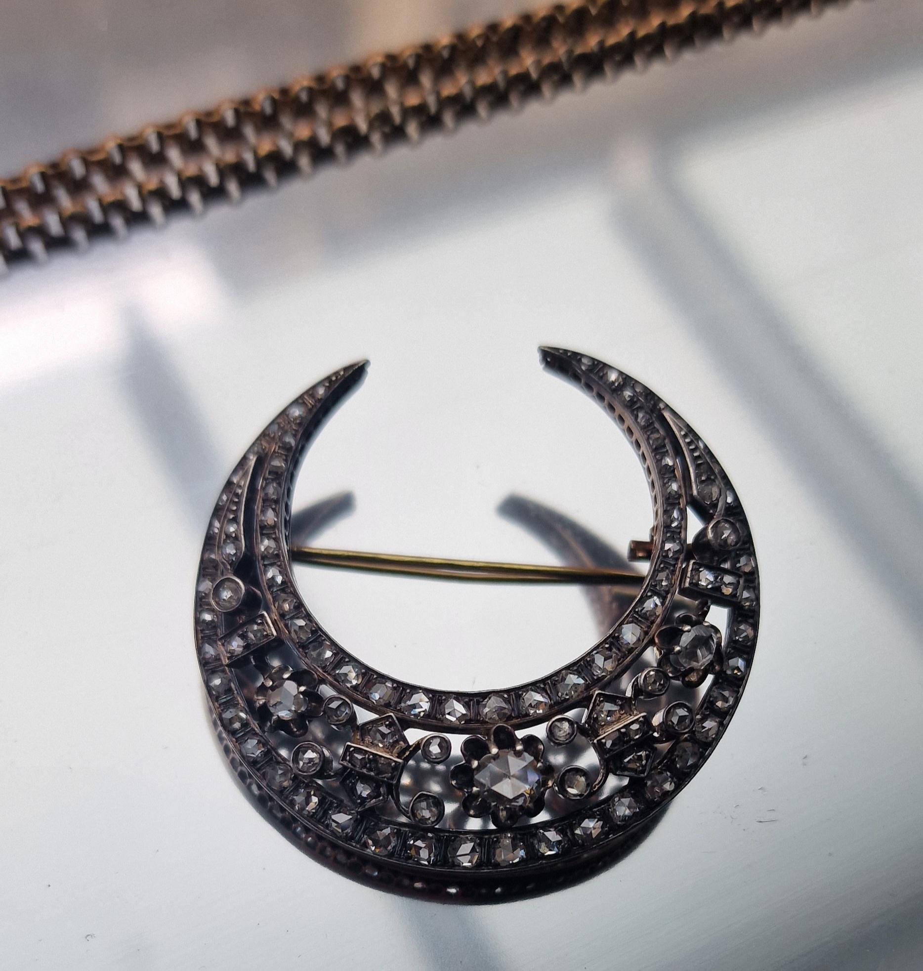19th Century Antique Crescent Diamond Brooch Pendant Necklace Chain French For Sale 7