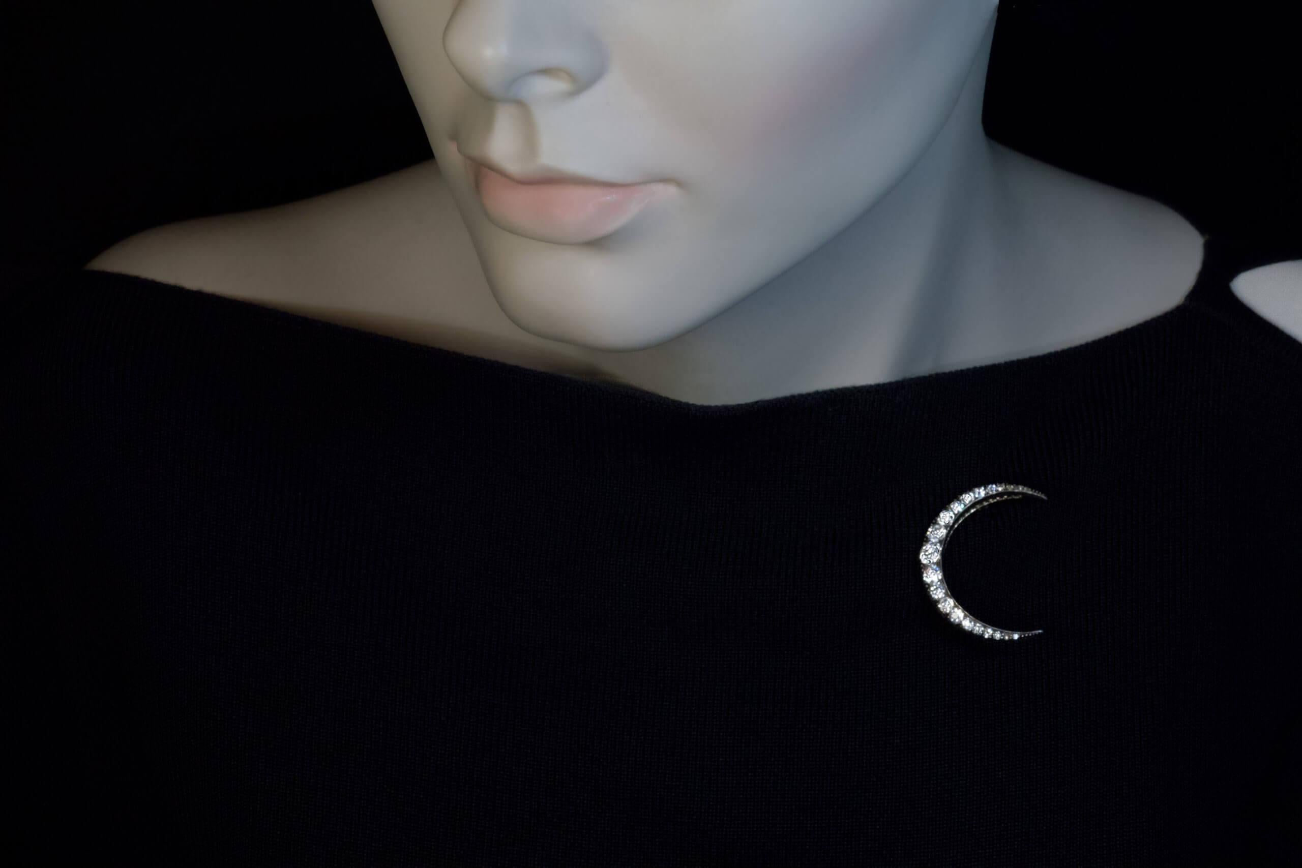 Victorian 19th Century Antique Diamond Crescent Moon Brooch For Sale