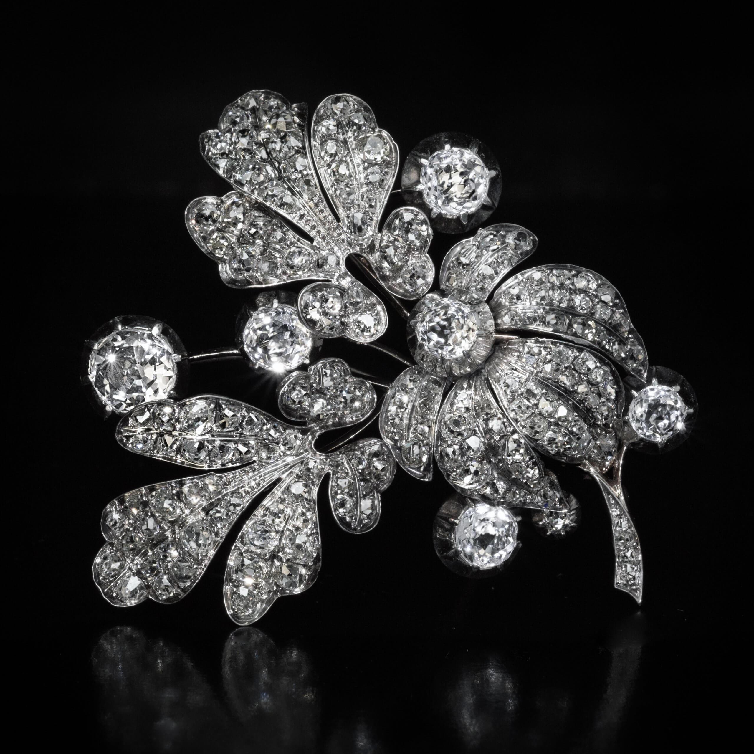 Old Mine Cut 19th Century Antique Diamond Rock Crystal Large Brooch