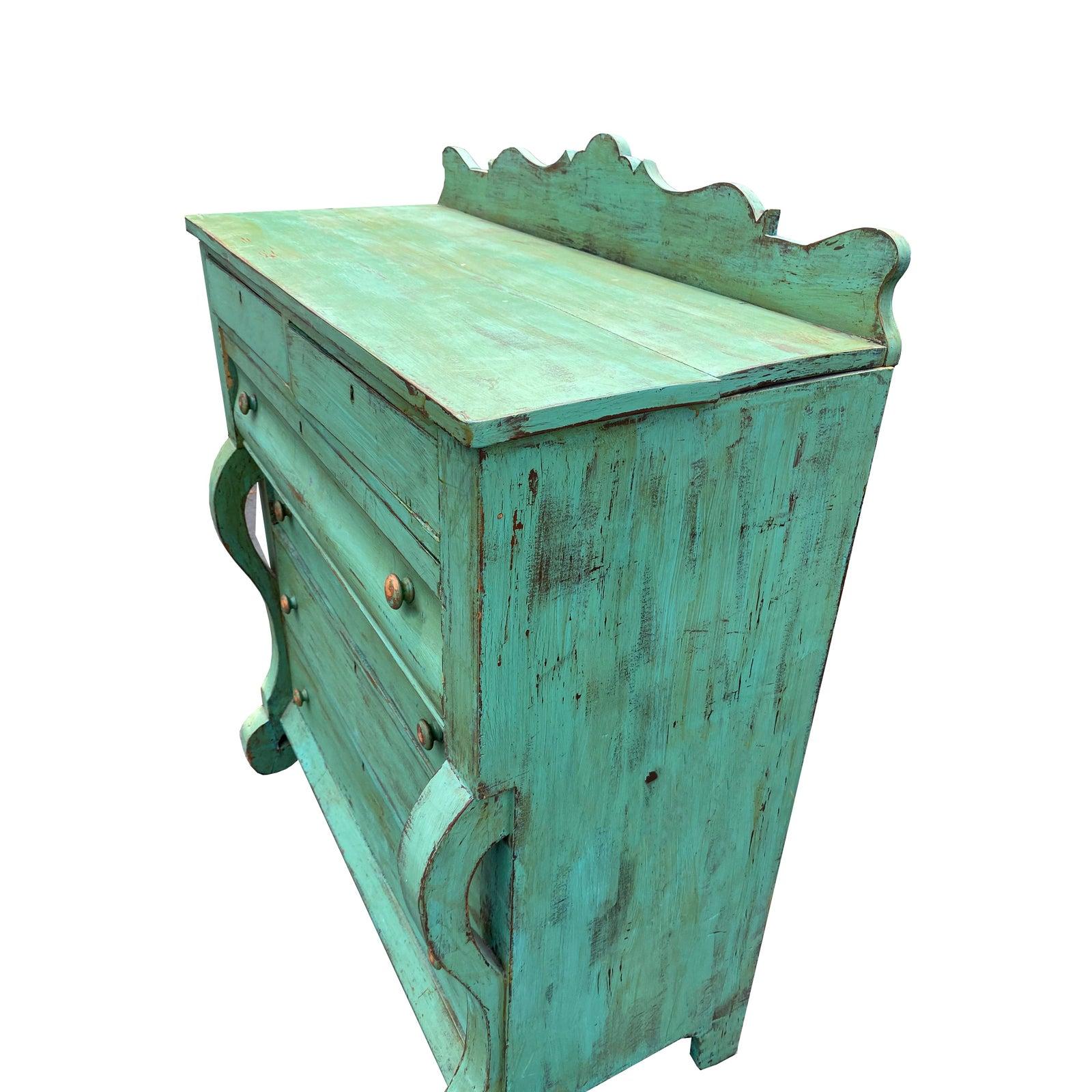 A playful, chic late 19th century American highboy dresser, distressed in a green and brown paint blend for a colorful pop. Dresser is fragile but in good condition overall. Height before backplate is 45.5
