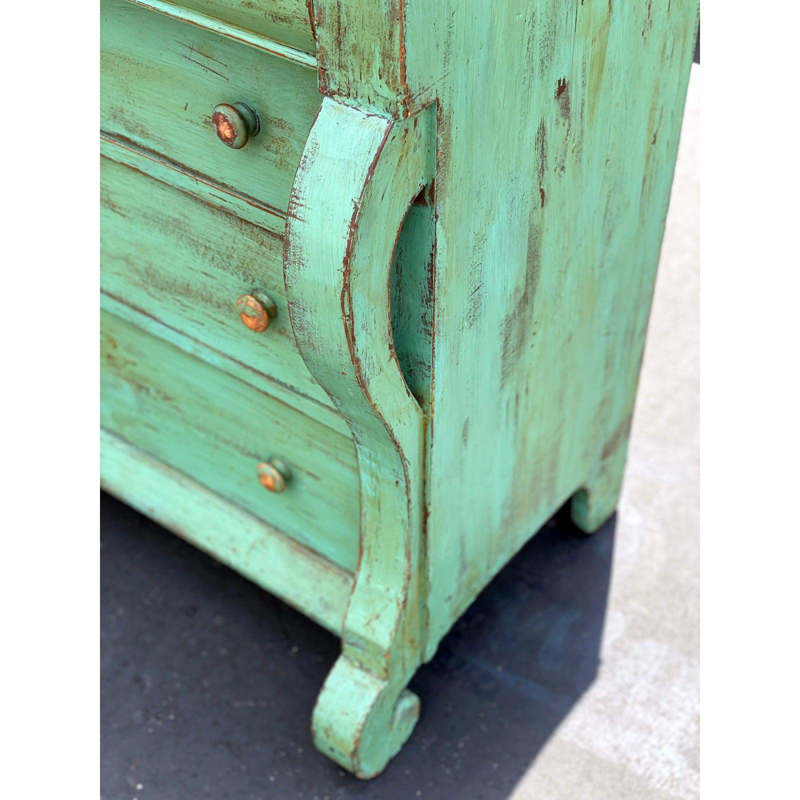19th Century Antique Distressed Green Highboy Dresser In Fair Condition In Beverly Hills, CA
