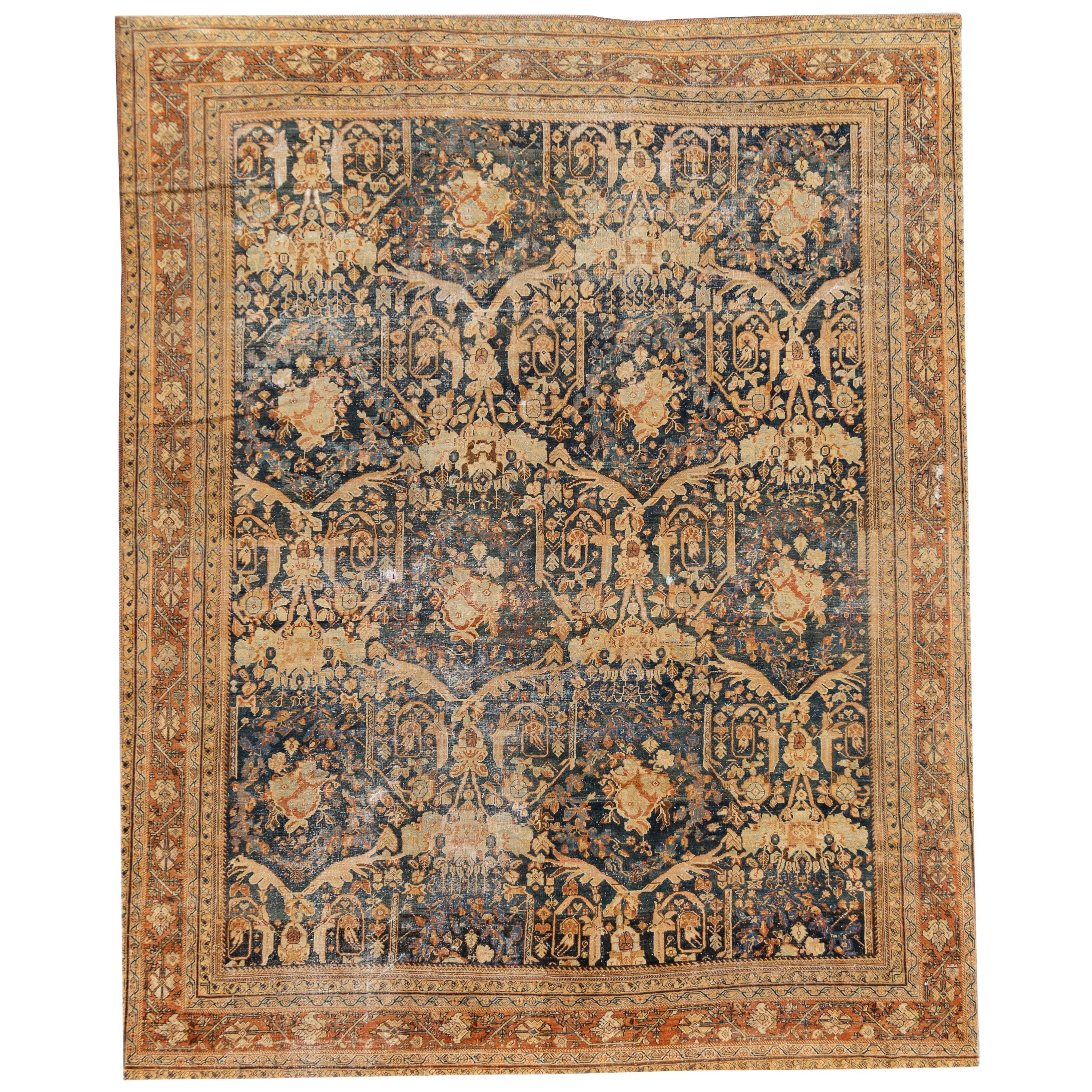 19th Century Antique Distressed Mahal Rug For Sale