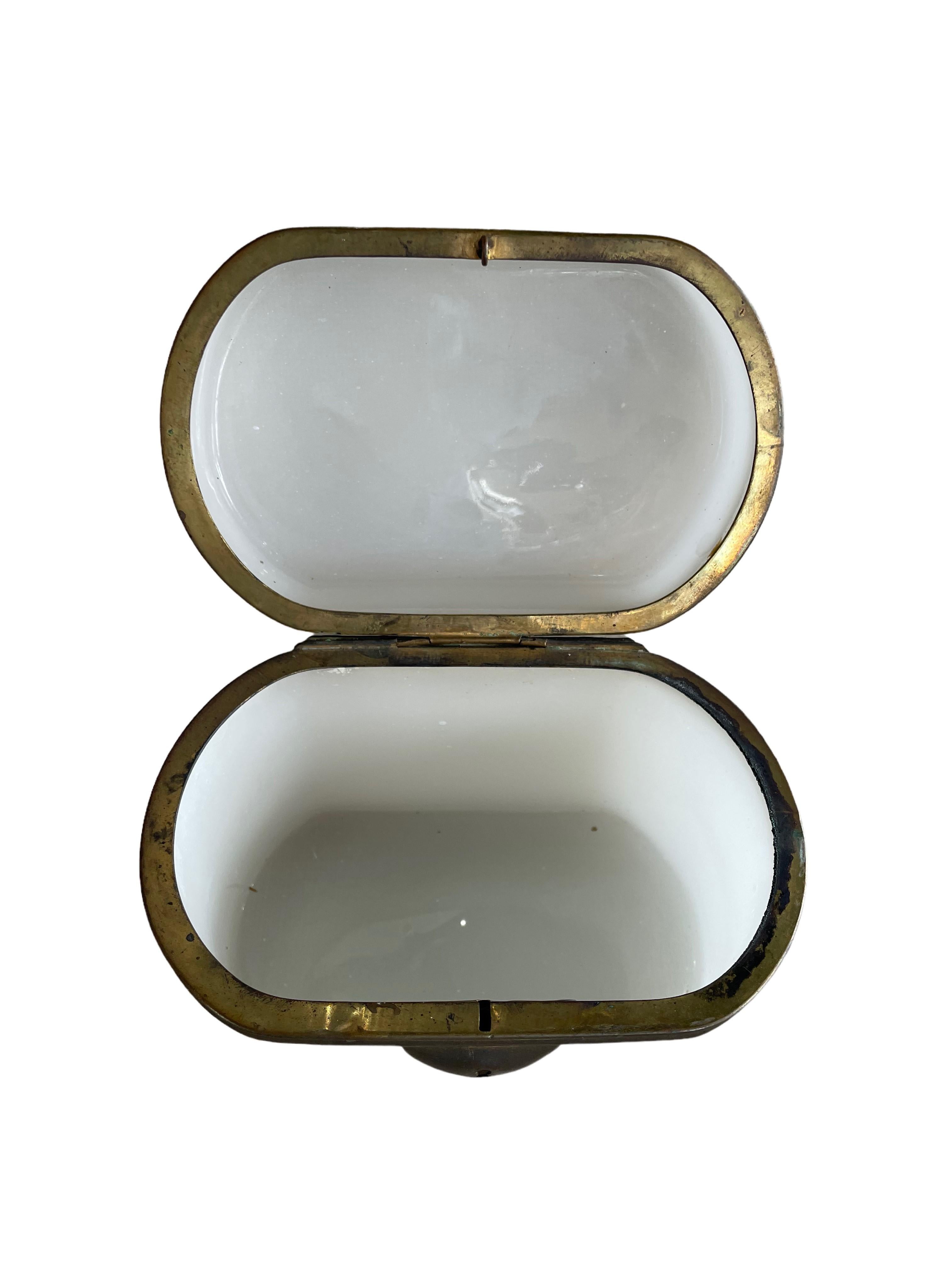 French 19th Century Antique Dore Bronze Mounted Opaline Oval Box For Sale