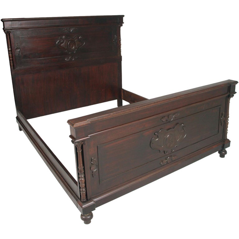 19th Century Antique Double Bed, in Mahogany Hand Carved, Restored Wax