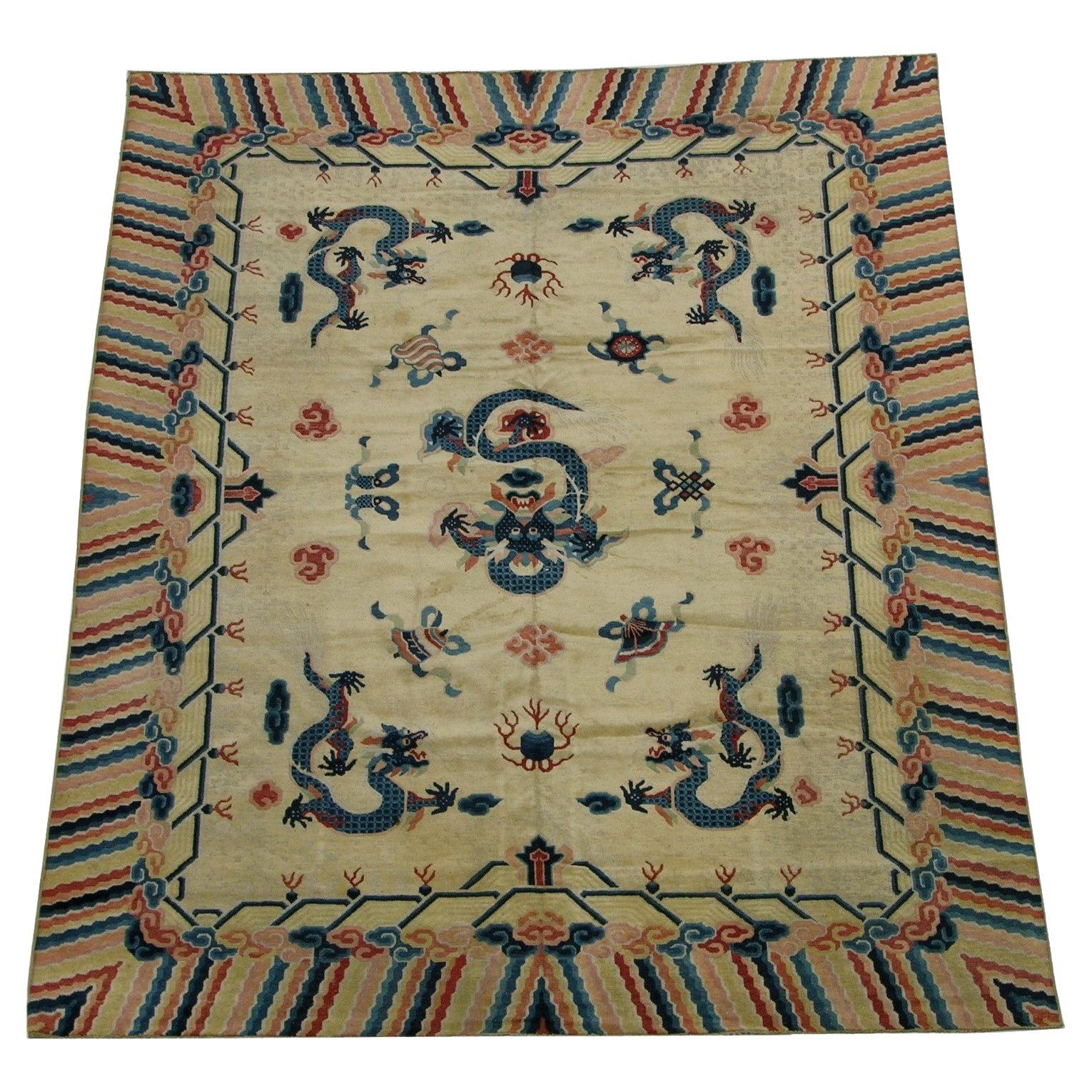 19th Century Antique Dragon Art Deco Chinese Rug For Sale