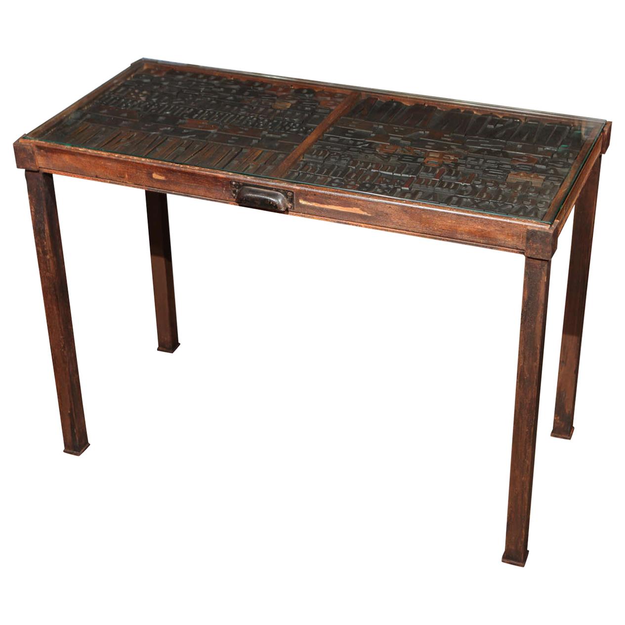 19th Century Antique Drawer Set in a Contemporary Iron Base with Glass Top For Sale