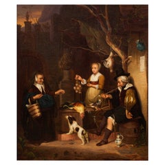 Peinture de maître hollandaise ancienne du 19ème siècle représentant un vendeur de porcelaine d'après Gabriel Metsu