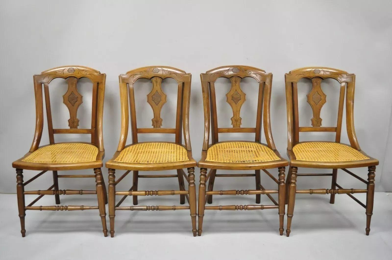 19ème siècle Antique Eastlake Victorian Carved Walnut Cane Dining Side Chair (B) en vente 2