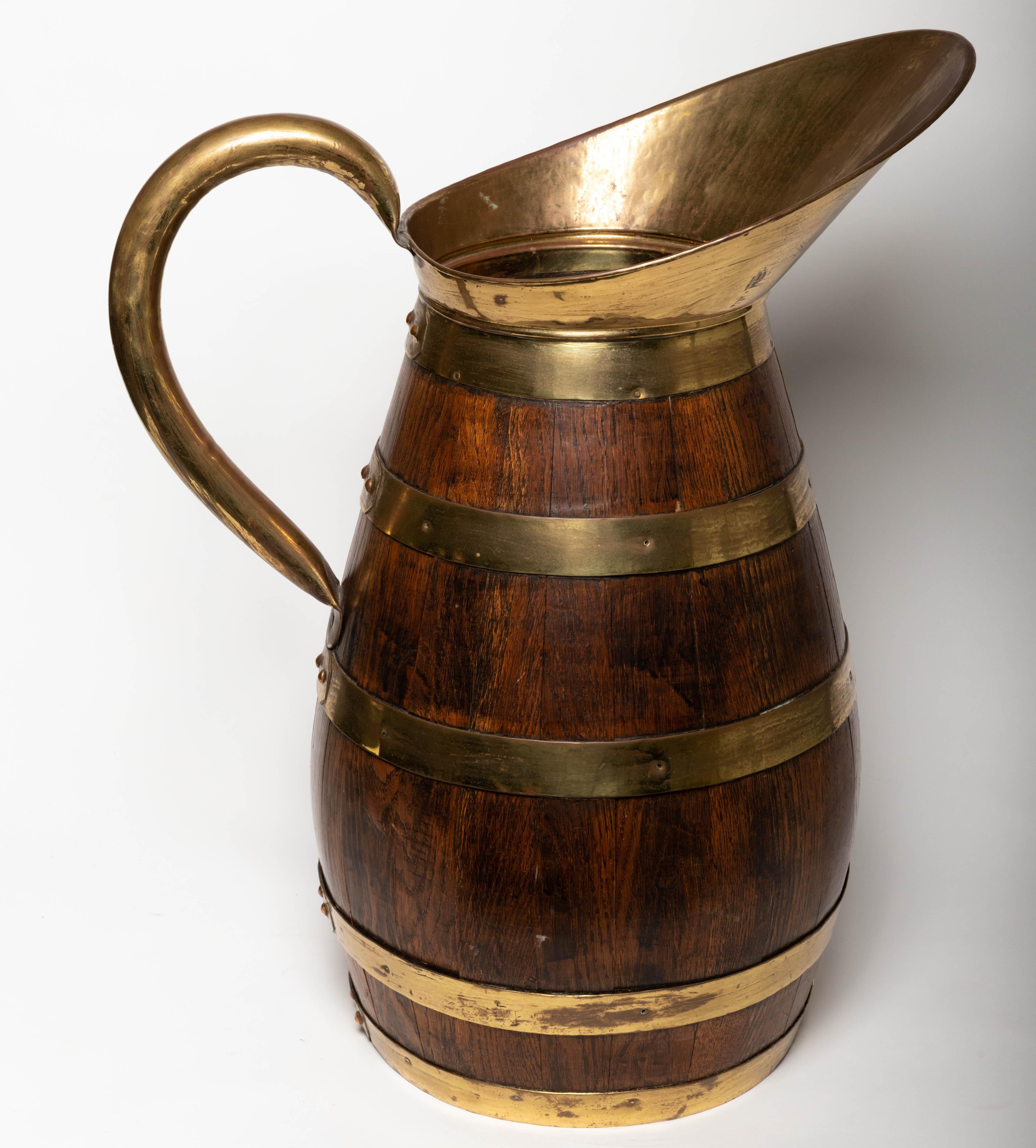 19th Century Antique English Brass Bound Oak Tavern Pitcher In Good Condition In Southampton, NY