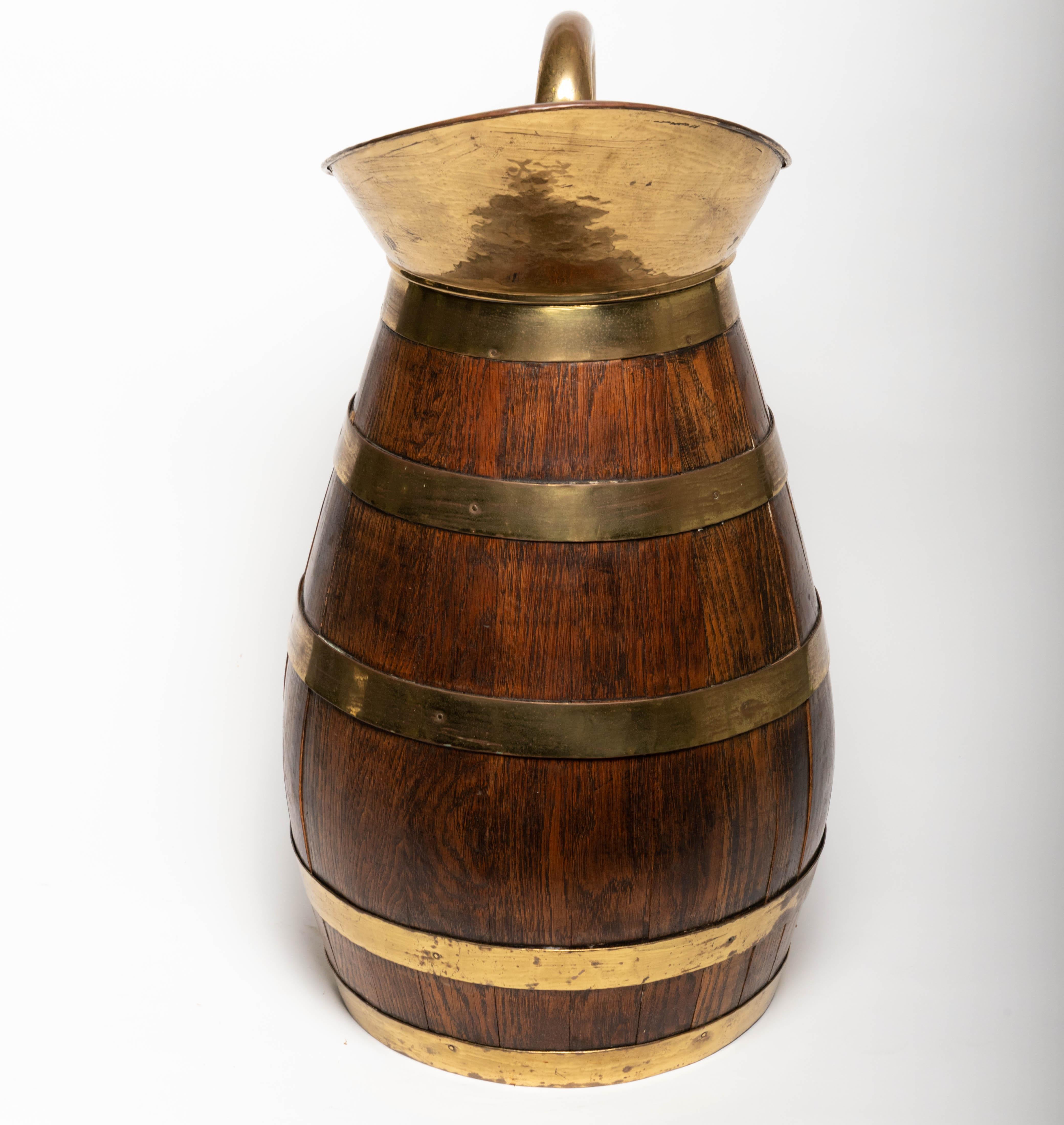 19th Century Antique English Brass Bound Oak Tavern Pitcher 1