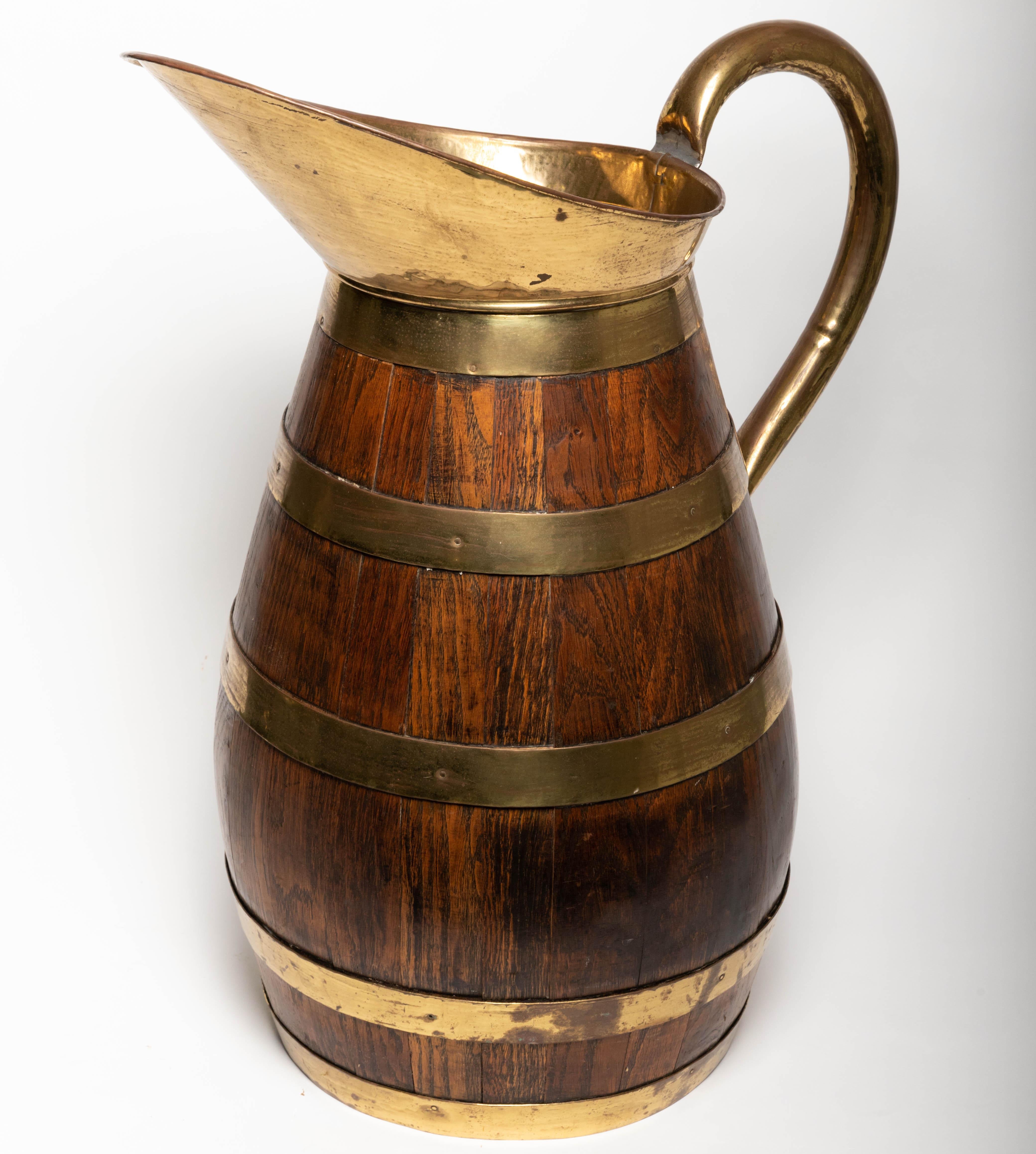 19th Century Antique English Brass Bound Oak Tavern Pitcher 2