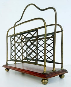 19th Century Antique English Brass, Mahogany Magazine Stand with 2 Compartments