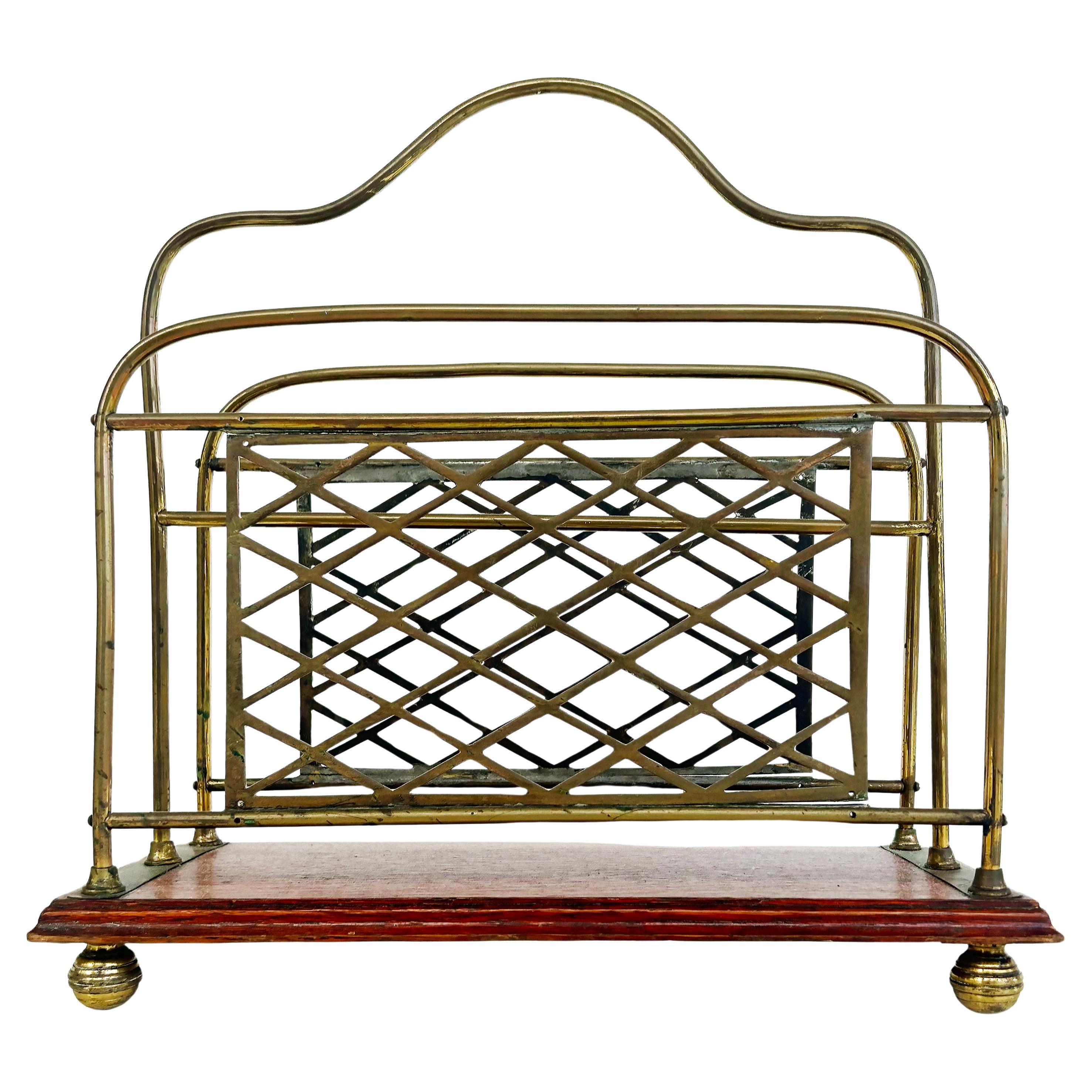19th Century Antique English Brass, Mahogany Magazine Stand with 2 Compartments
