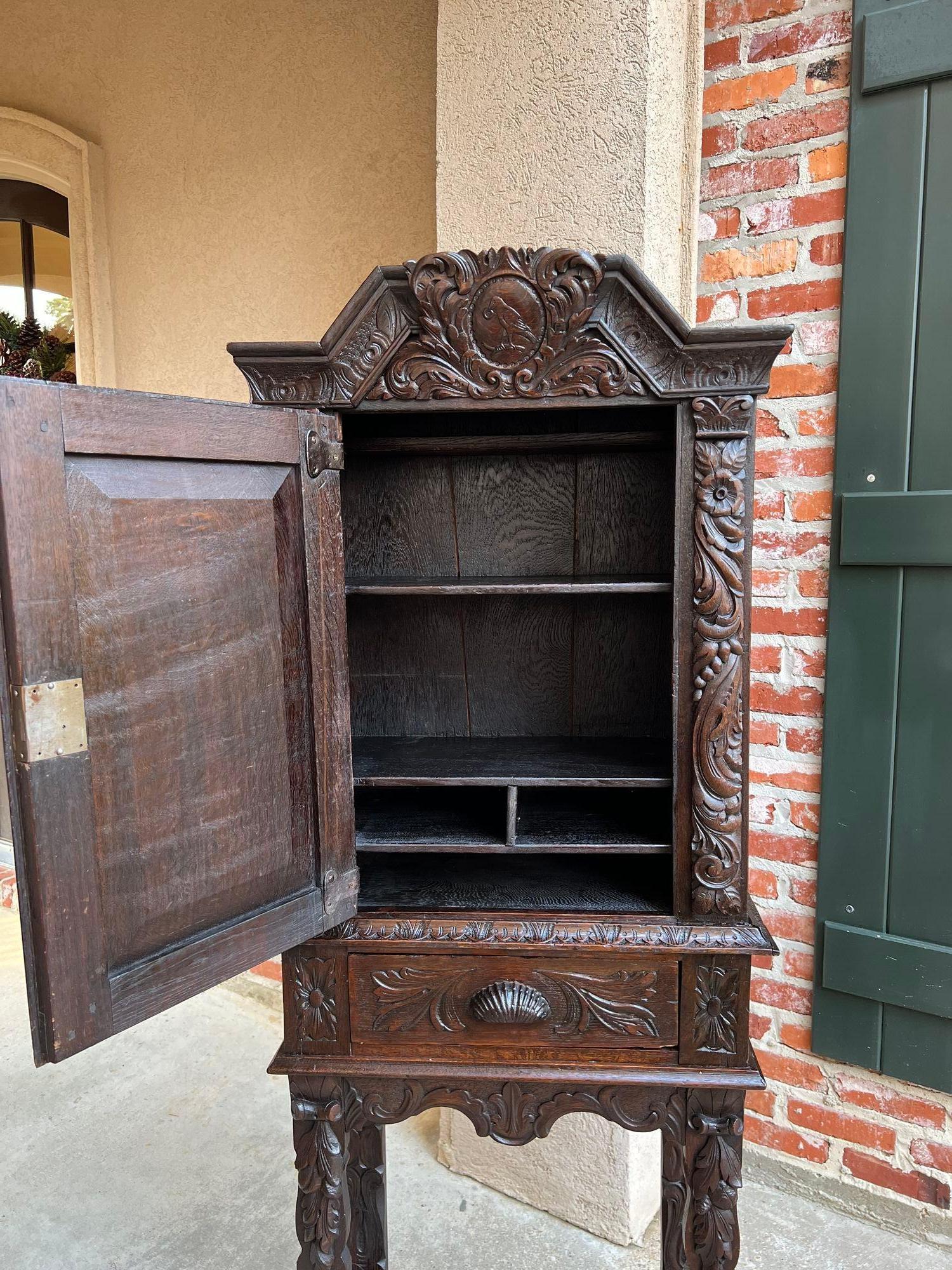 19th Century Antique English Cabinet Bookcase Carved Oak Pegged Cupboard For Sale 4