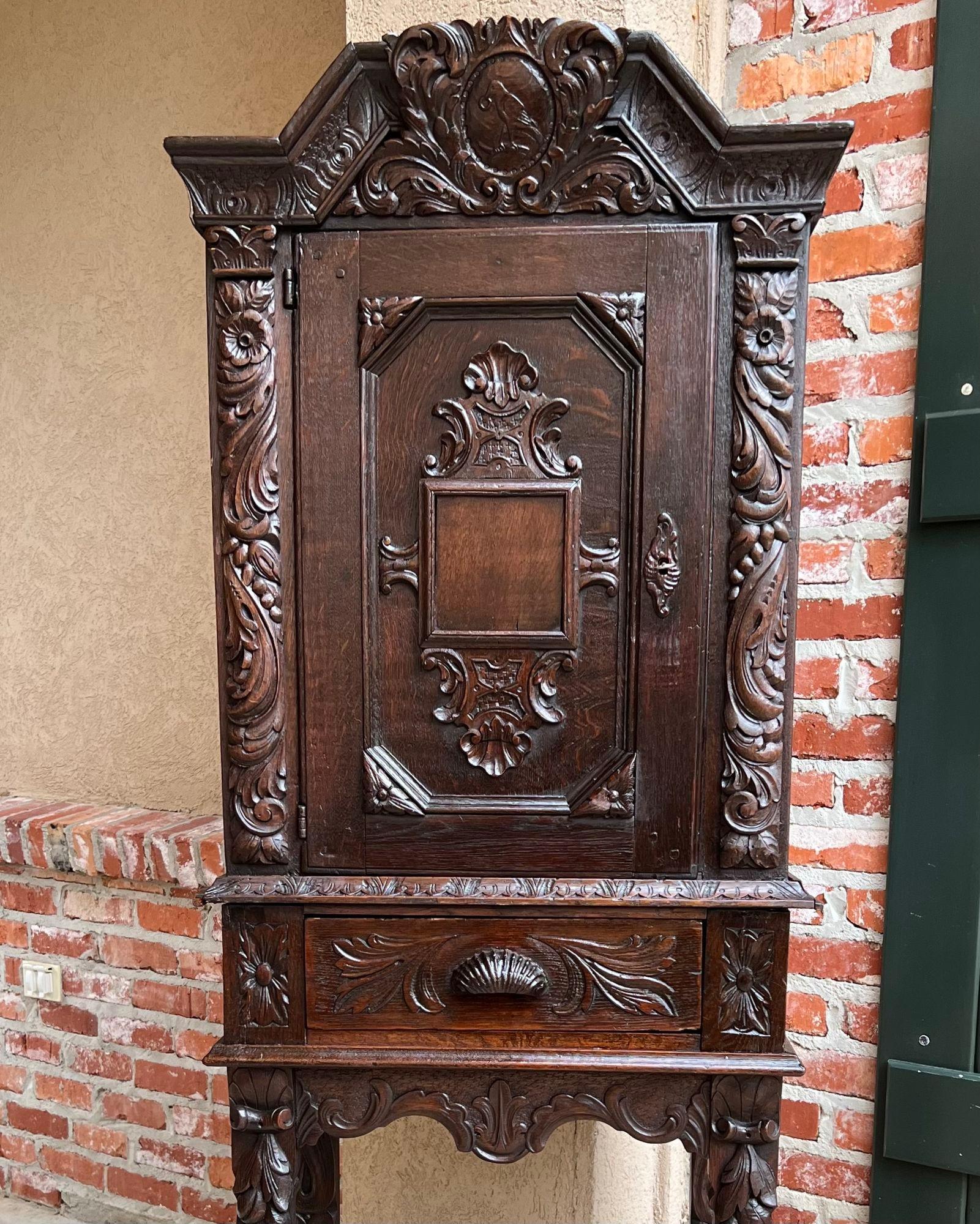 Jacobean 19th Century Antique English Cabinet Bookcase Carved Oak Pegged Cupboard For Sale