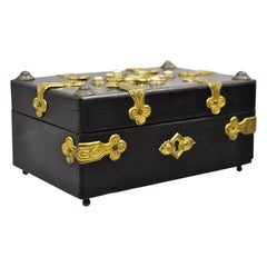 19th Century Antique English Ebonized Brass Bound Jewelry Trinket Desk Box