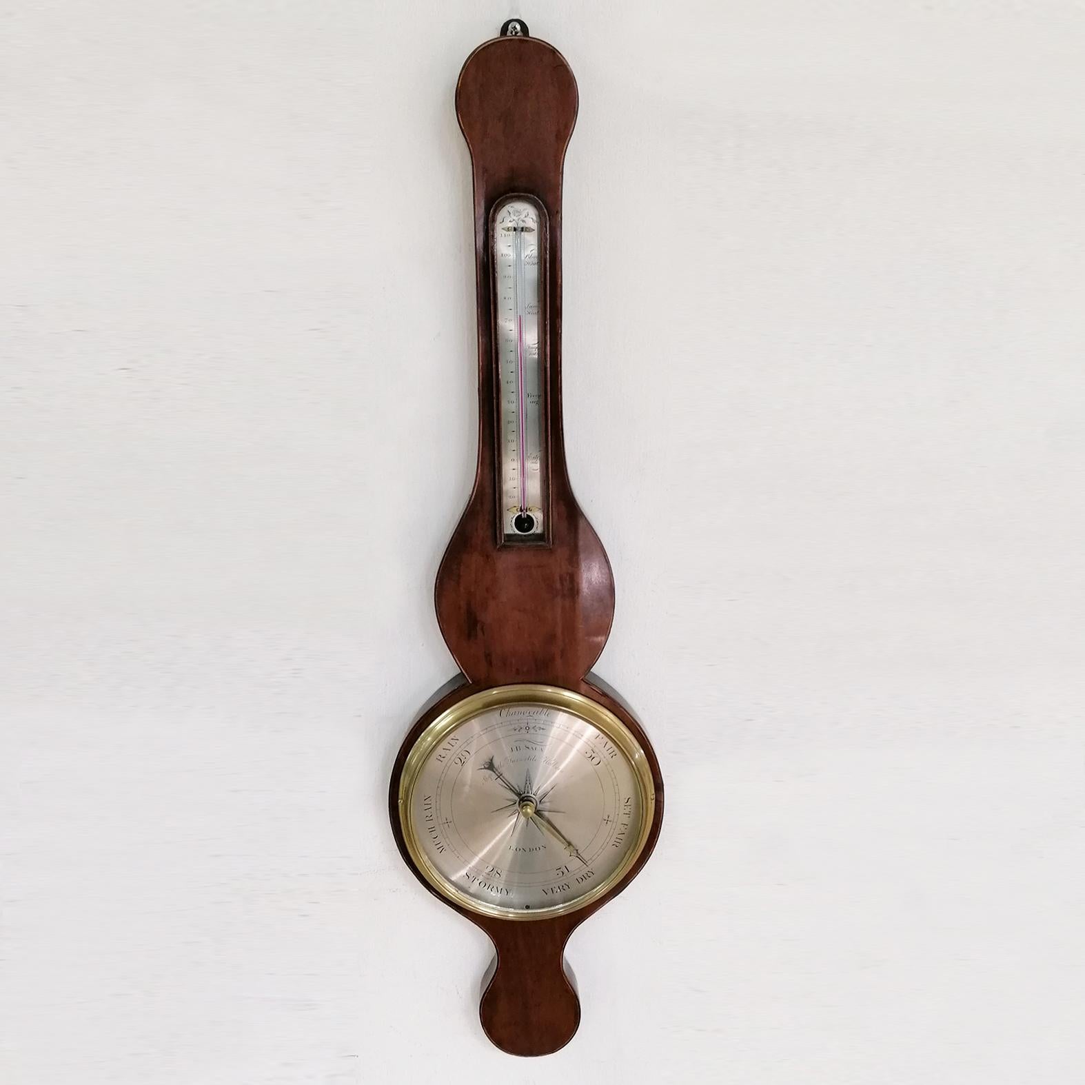 A fine quality example of a mercury wheel barometer. A mahogany case. A wider and deeper case with an opening door for the long scale thermometer with silvered dial. 
A silvered engraved dial signed 'J.B.Sala, Holborn'. Circa 1820. 

The banjo