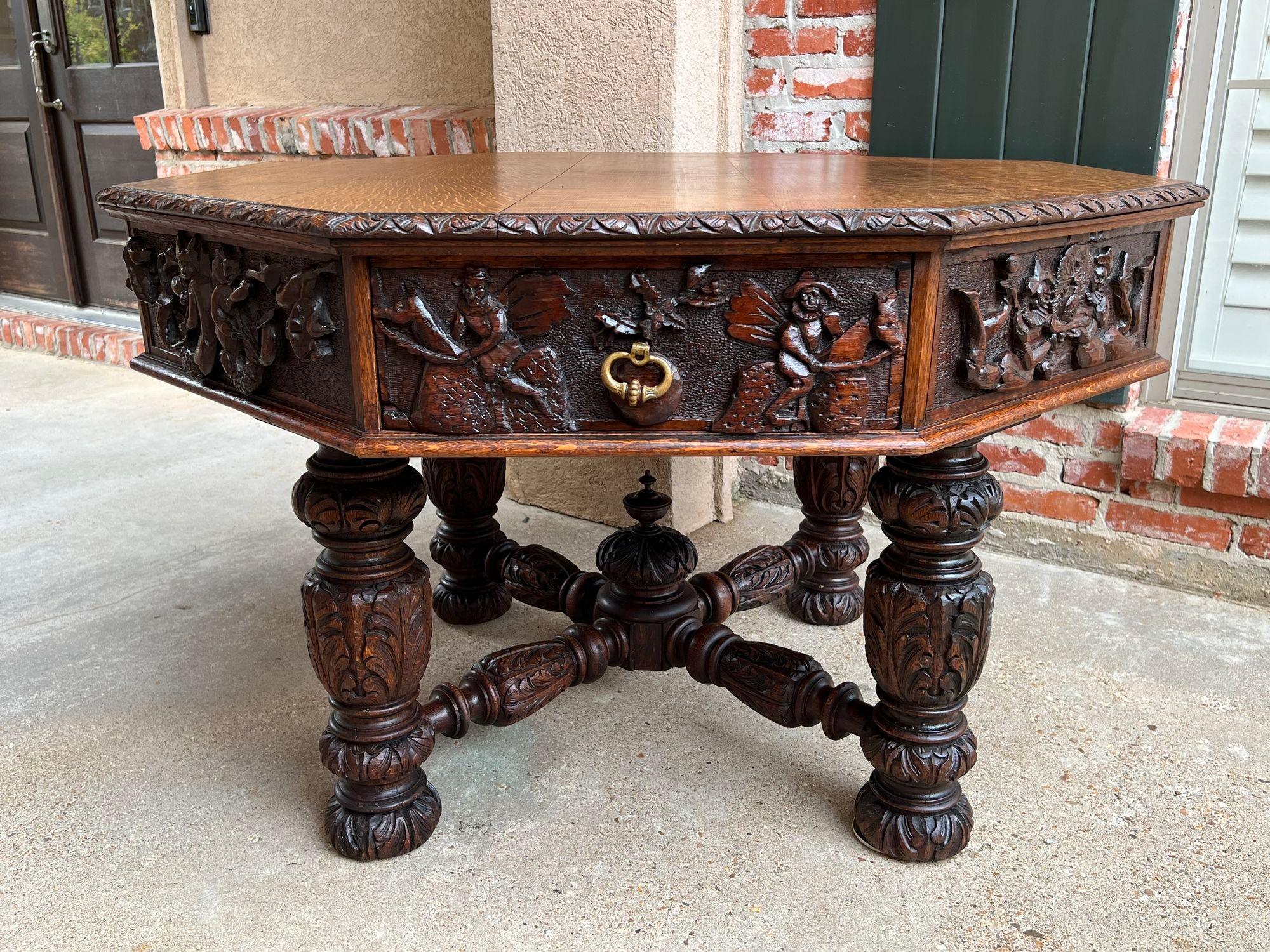 19th Century Antique English Octagon Center Table Whimsical Game Carved Oak 7