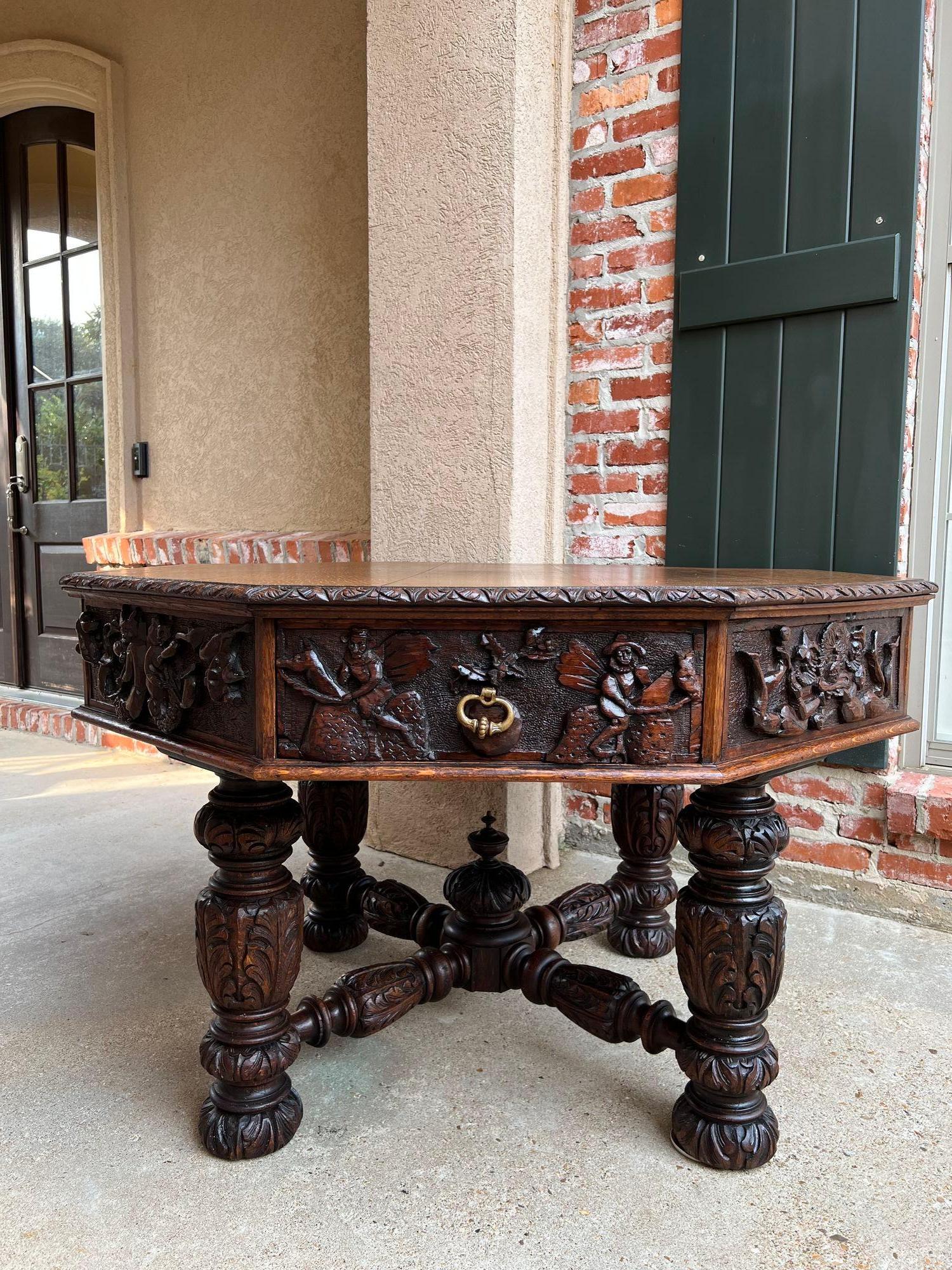 Hand-Carved 19th Century Antique English Octagon Center Table Whimsical Game Carved Oak