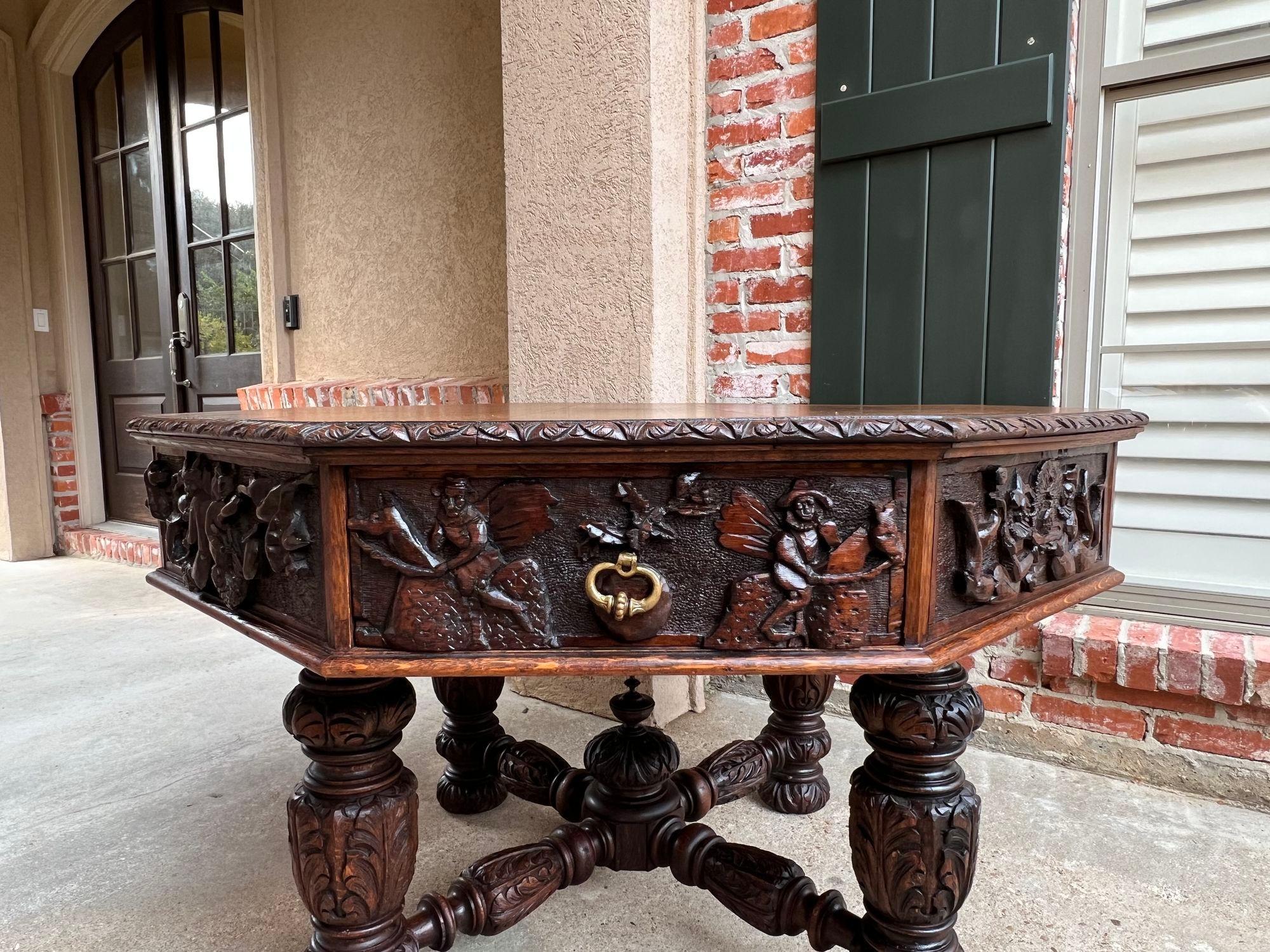 19th Century Antique English Octagon Center Table Whimsical Game Carved Oak In Good Condition In Shreveport, LA
