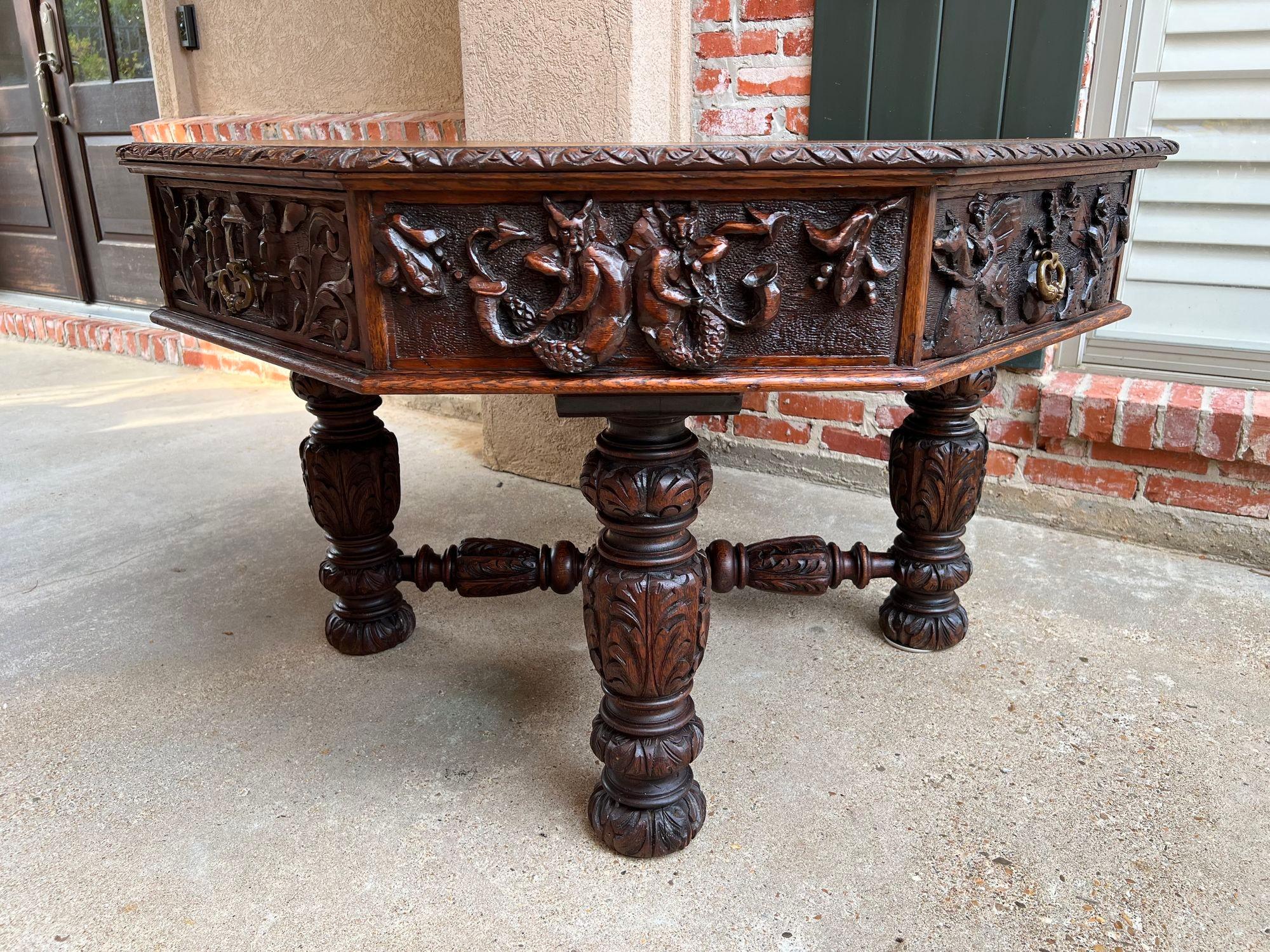 Late 19th Century 19th Century Antique English Octagon Center Table Whimsical Game Carved Oak
