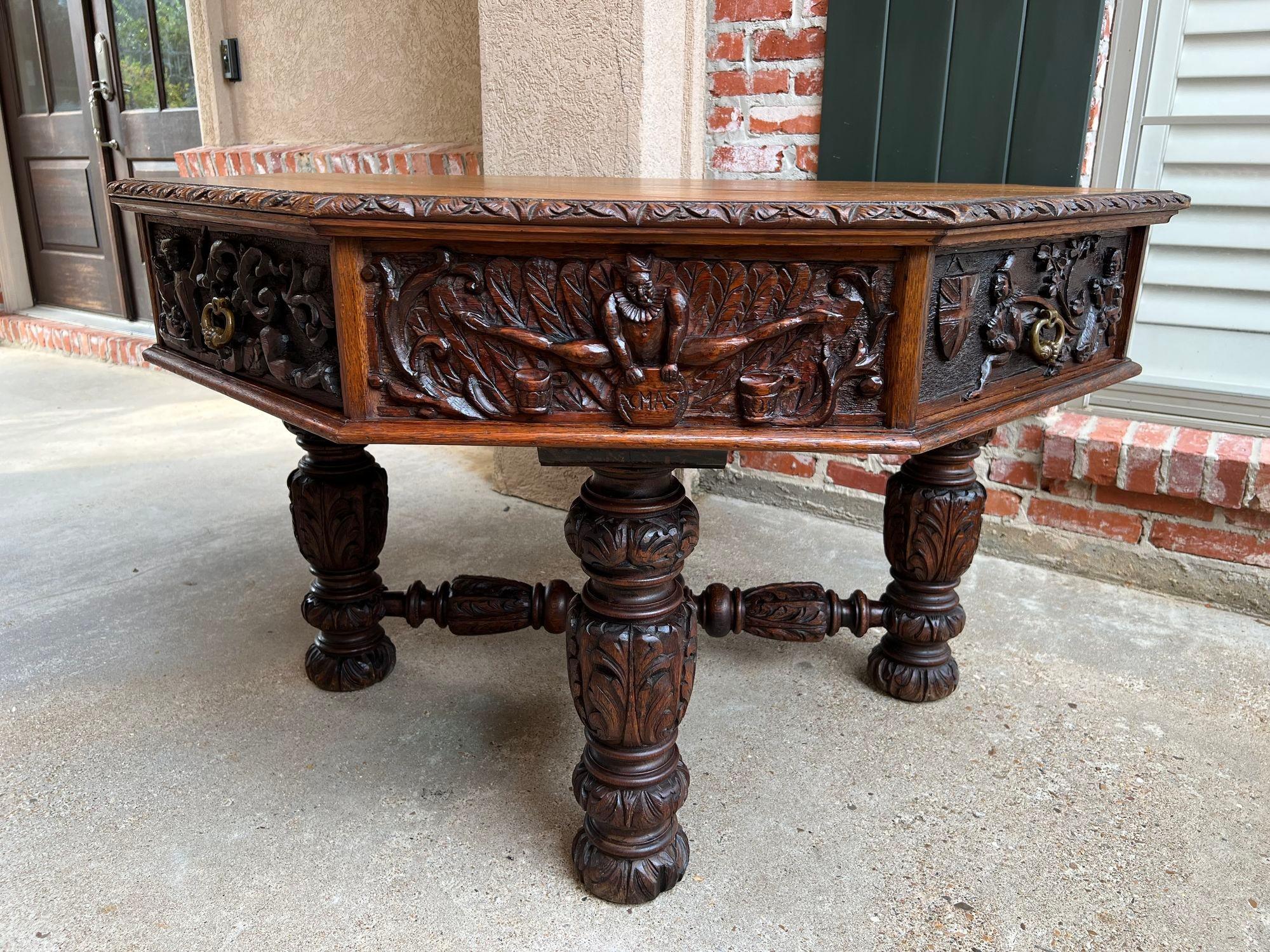 19th Century Antique English Octagon Center Table Whimsical Game Carved Oak 2