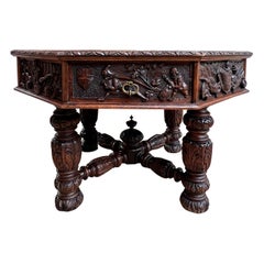 19th Century Antique English Octagon Center Table Whimsical Game Carved Oak
