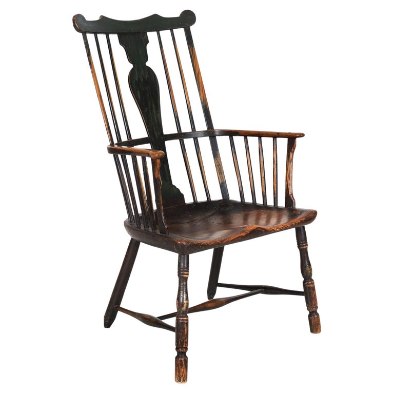 19th Century Antique English Painted Elm Windsor Arm Chair For Sale at