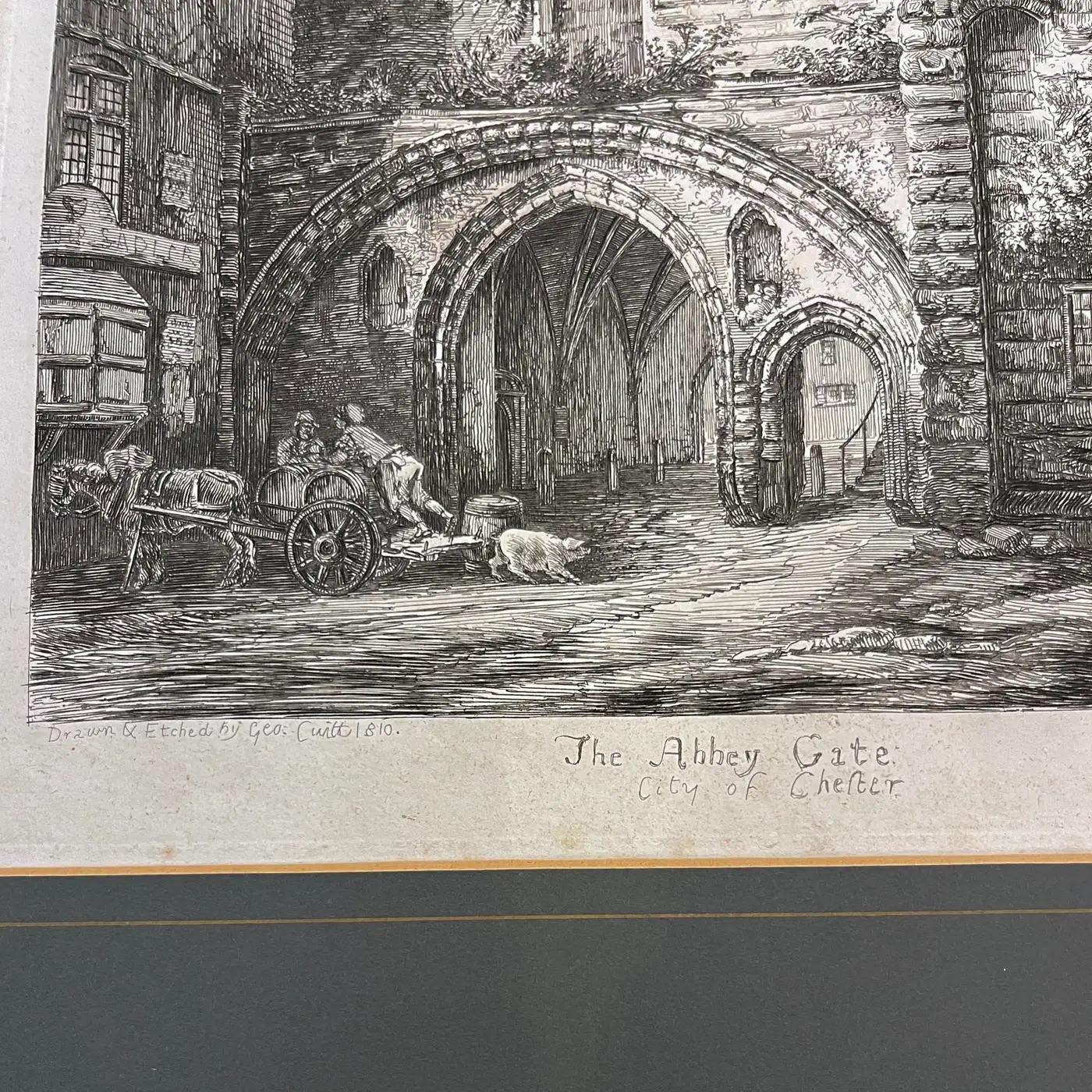19th Century Antique English Set of 3 Gold Framed Green Mat Black White Etchings For Sale 3