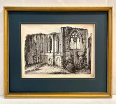 19th Century Antique English Set of 3 Gold Framed Green Mat Black White Etchings