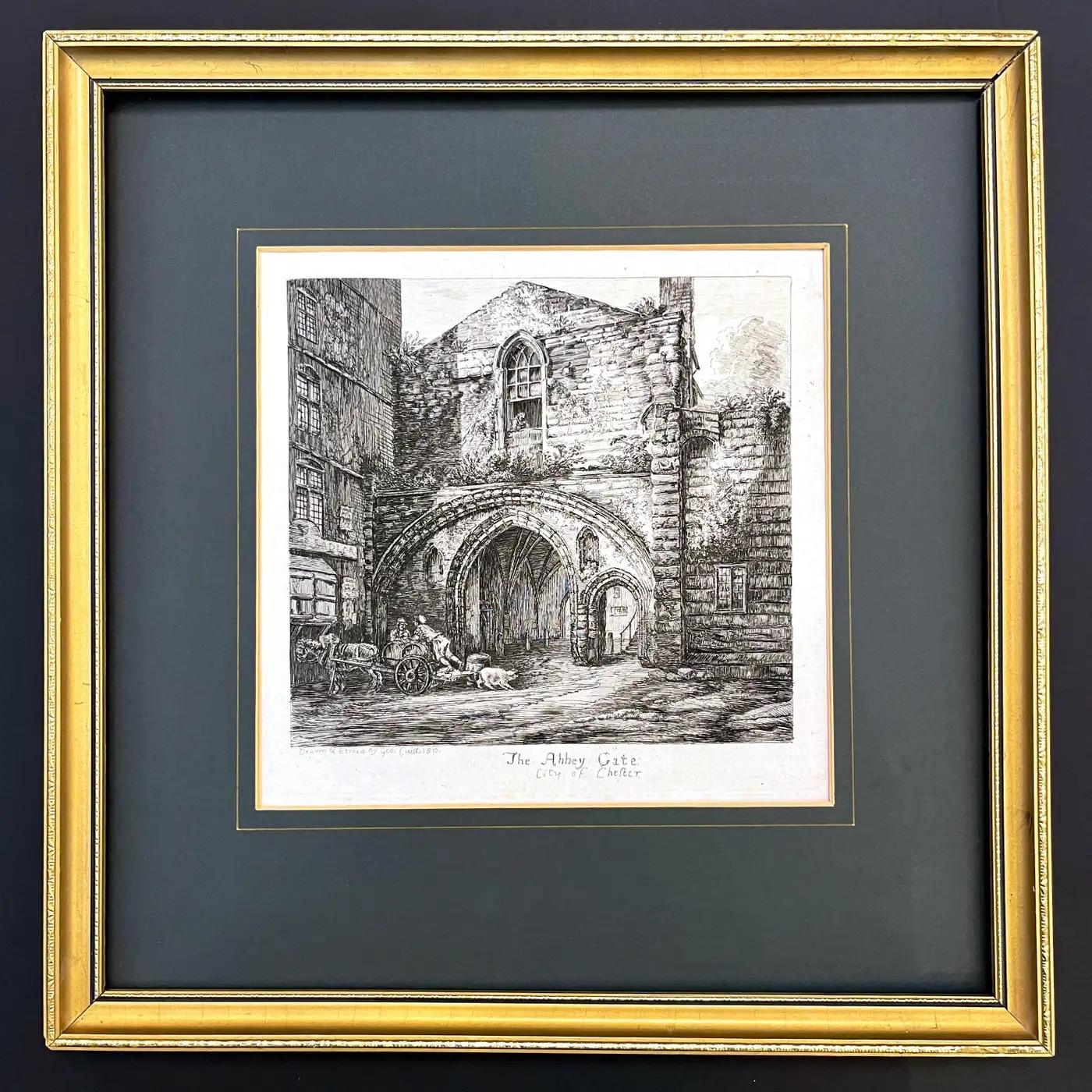 Georgian 19th Century Antique English Set of 3 Gold Framed Green Mat Black White Etchings For Sale