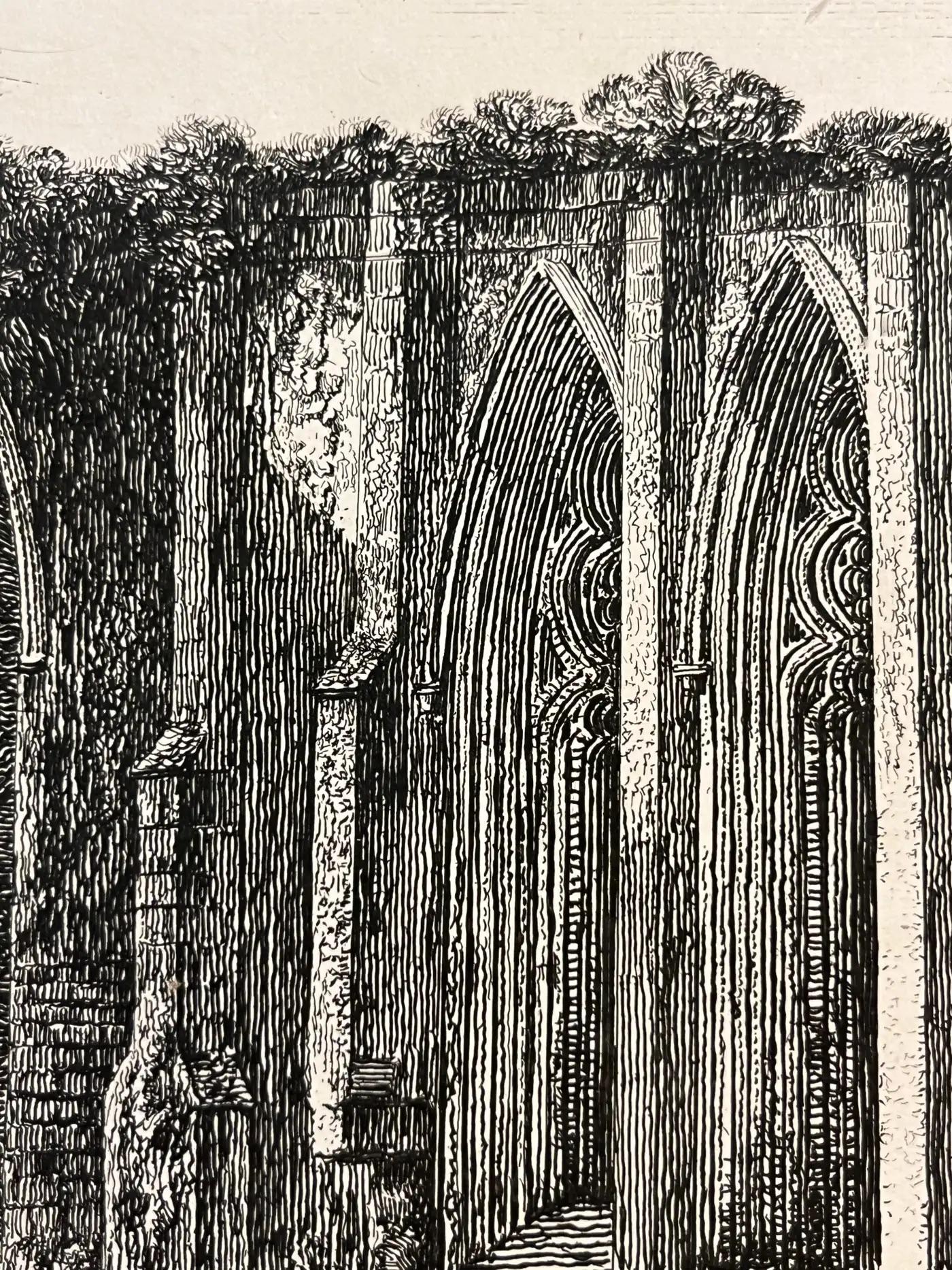 Etched 19th Century Antique English Set of 3 Gold Framed Green Mat Black White Etchings For Sale