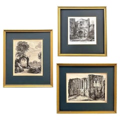 19th Century Antique English Set of 3 Gold Framed Green Mat Black White Etchings