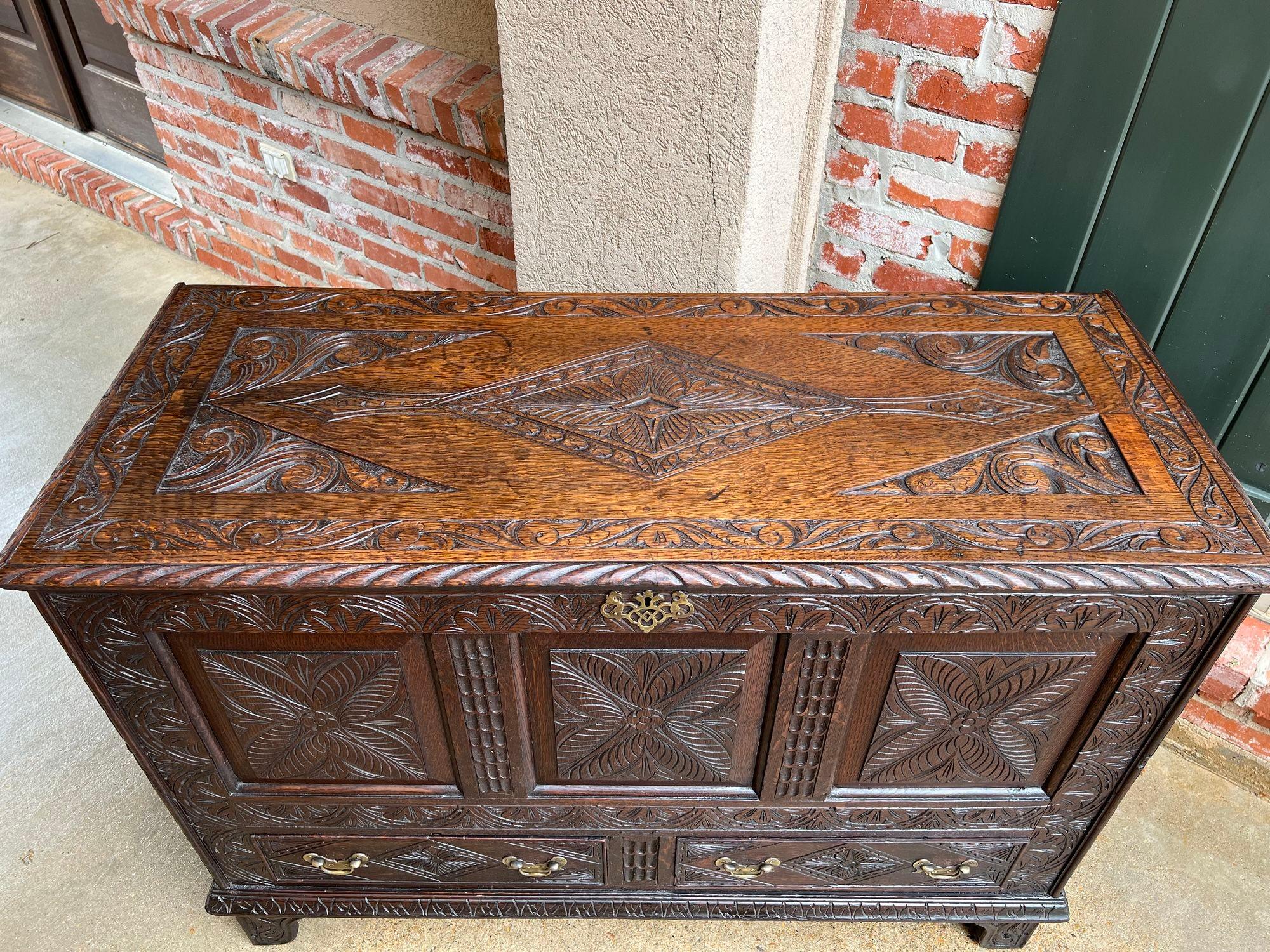 Antique English Trunk Coffer Blanket Chest Carved Oak Foyer Table Wedding Chest For Sale 6