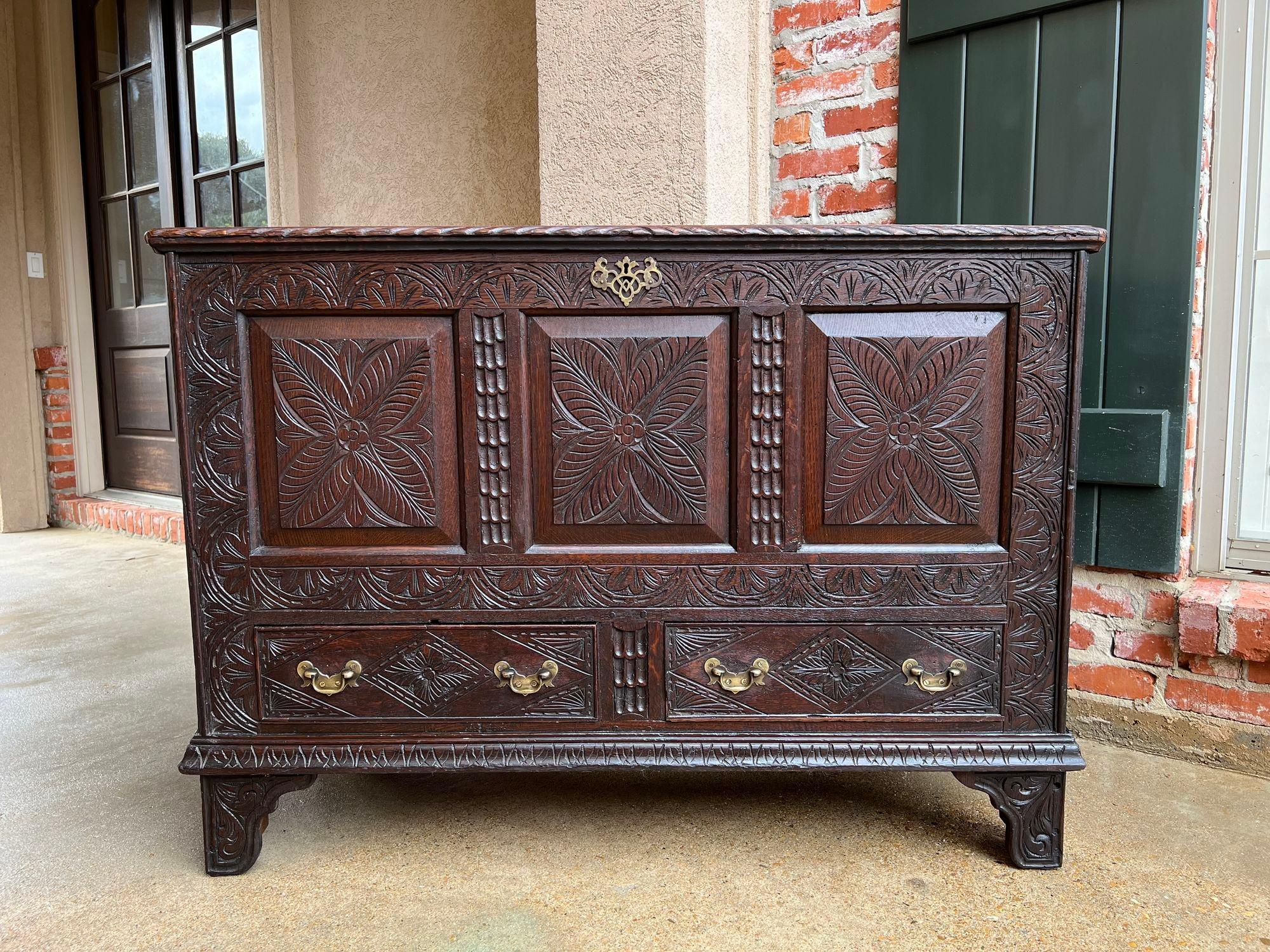 19th century Antique English Trunk coffer blanket Chest Carved Oak Foyer table.

Direct from England, a wonderfully hand carved English “coffer”, “mule chest” or trunk! Regardless of what you call it, this chest has superb hand carving on all four