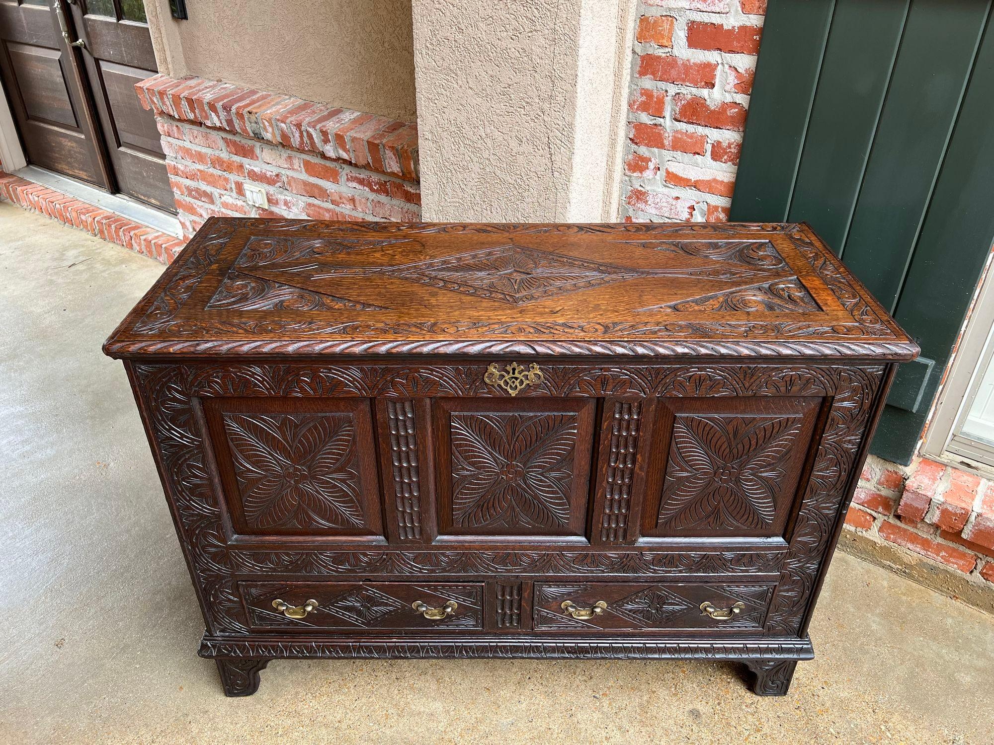 Hand-Carved Antique English Trunk Coffer Blanket Chest Carved Oak Foyer Table Wedding Chest For Sale