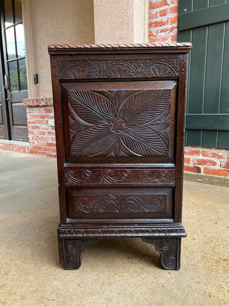 19th century Antique English Trunk Coffer Blanket Chest Carved Oak