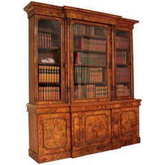 19th Century Antique English William IV Burr Walnut Breakfront Bookcase Cabinet