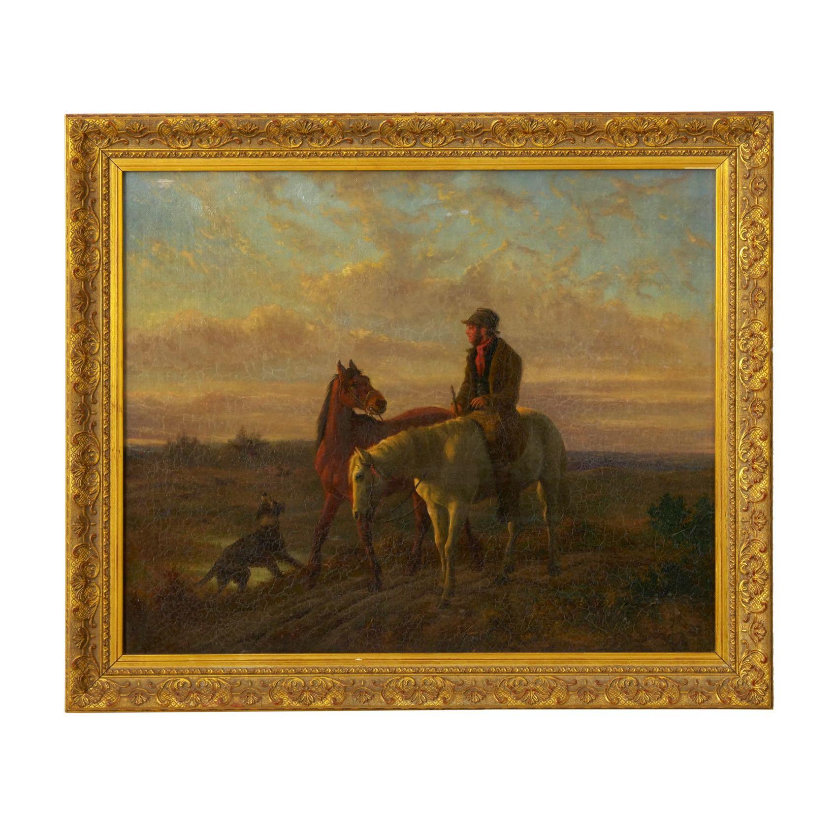 An exquisitely painted Equestrian scene of a rider leading another horse down a dirt path while his dog chases some birds out of the nearby brush. Captured at sunset, the golden hues of the end of the day cast light in a range of pastels across the