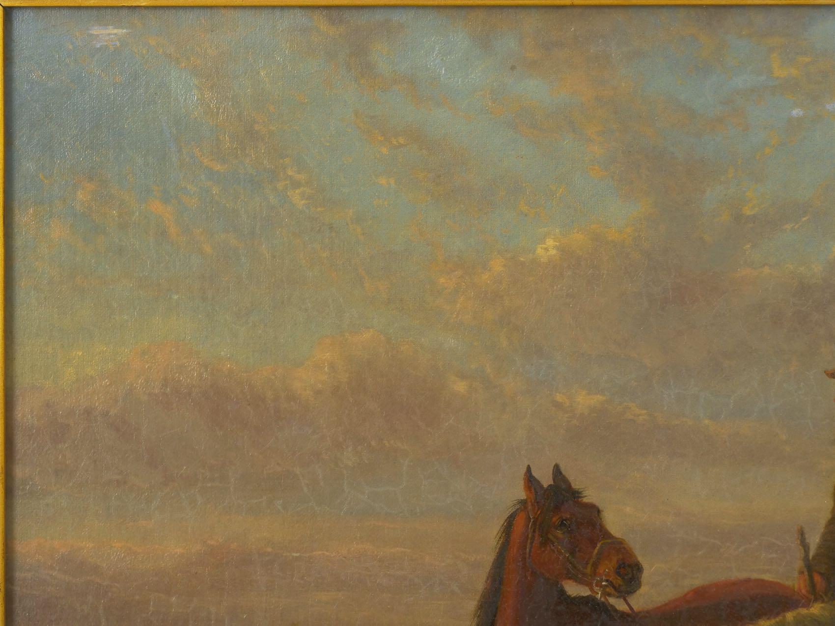 19th Century Antique Equestrian Oil Landscape Painting of Figure with Horses In Good Condition In Shippensburg, PA