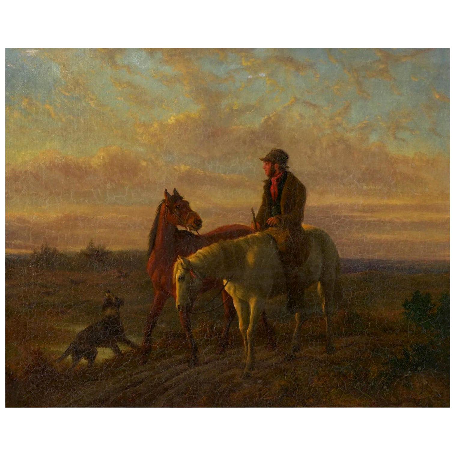 19th Century Antique Equestrian Oil Landscape Painting of Figure with Horses