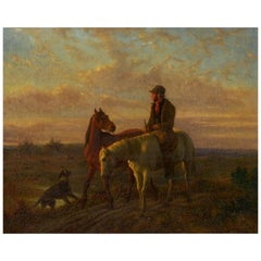 19th Century Antique Equestrian Oil Landscape Painting of Figure with Horses