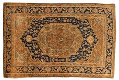 19th Century Antique Farahan-Style Rug in Gold and Deep Blue Wool