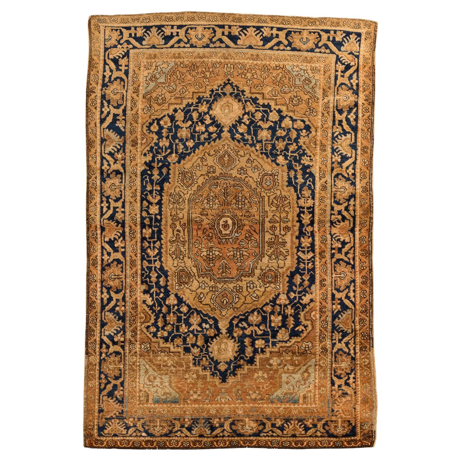 19th Century Antique Farahan-Style Rug in Gold and Deep Blue Wool