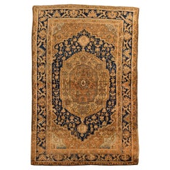 19th Century Antique Farahan-Style Rug in Gold and Deep Blue Wool